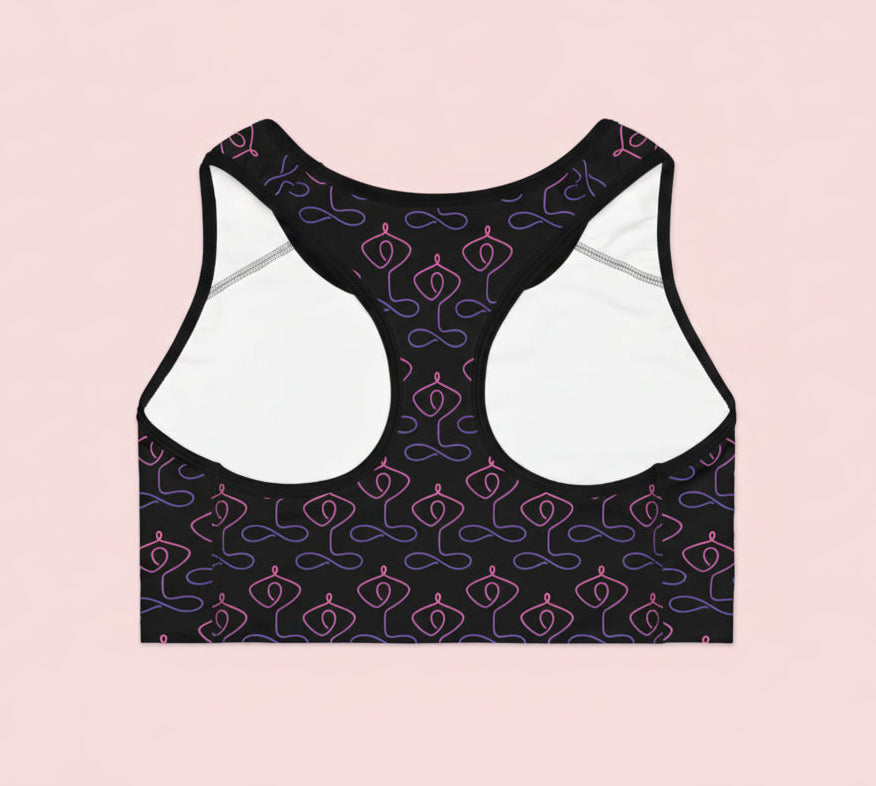 Yoga Pose Pattern Sports Bra — Black & Purple Seamless Activewear
