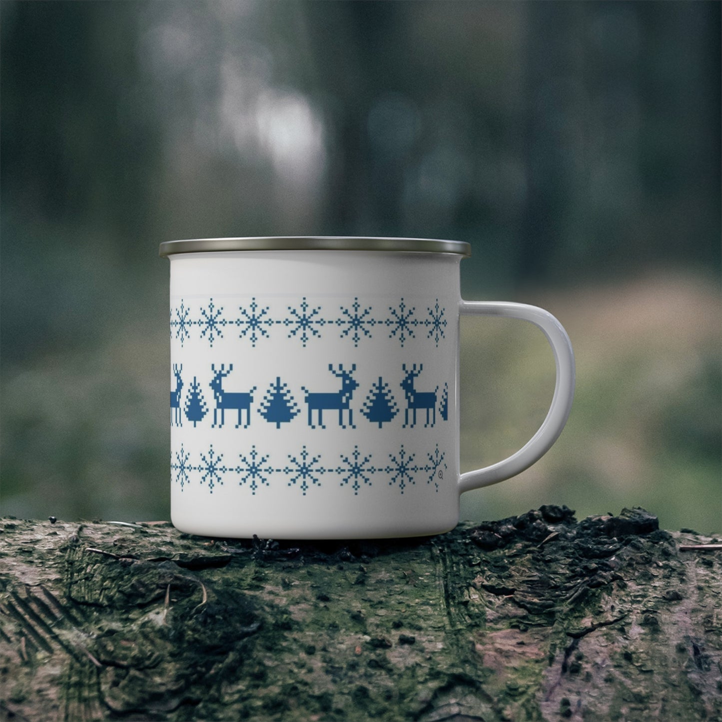 Nordic Reindeer Enamel Camping Mug — Blue Snowflake Holiday Camp Cup