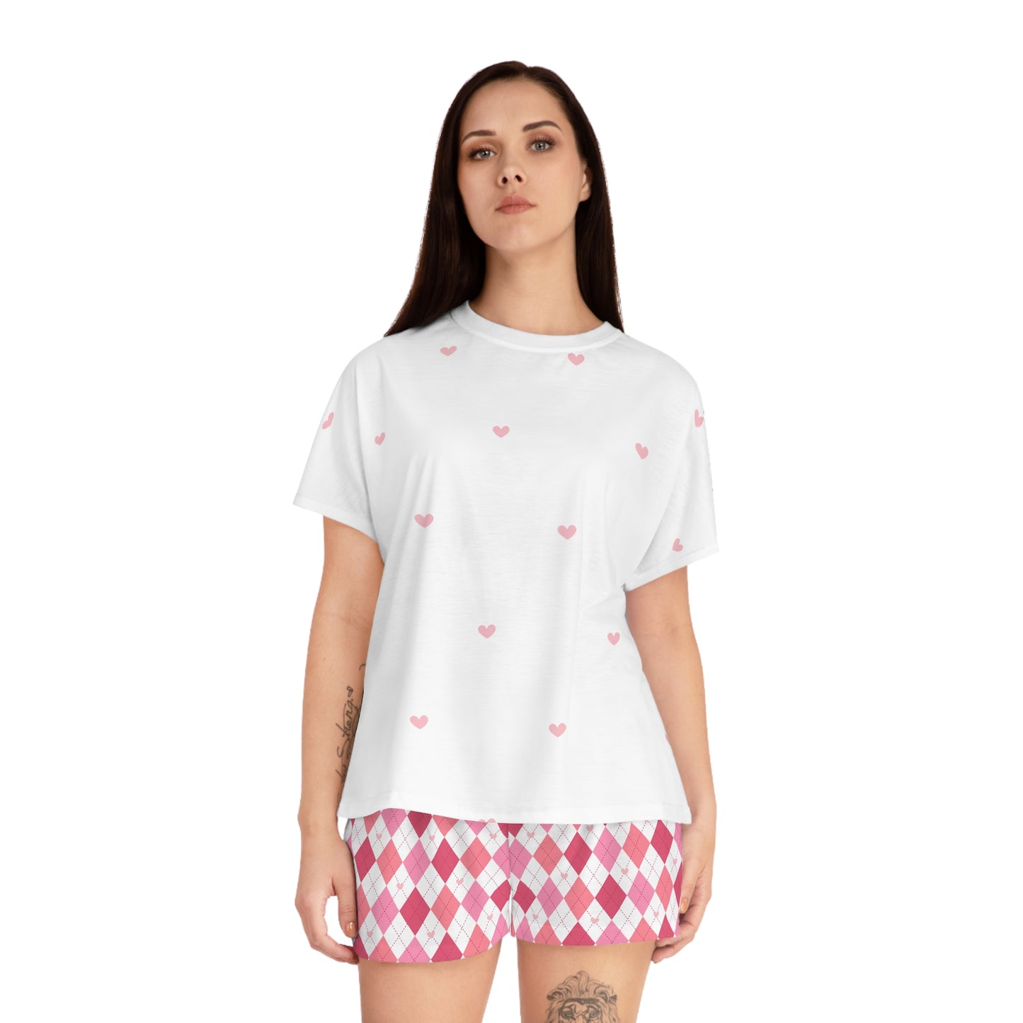 Women's Pink Argyle Heart Short Pajama Set — Cute Sleepwear Shorts & Tee