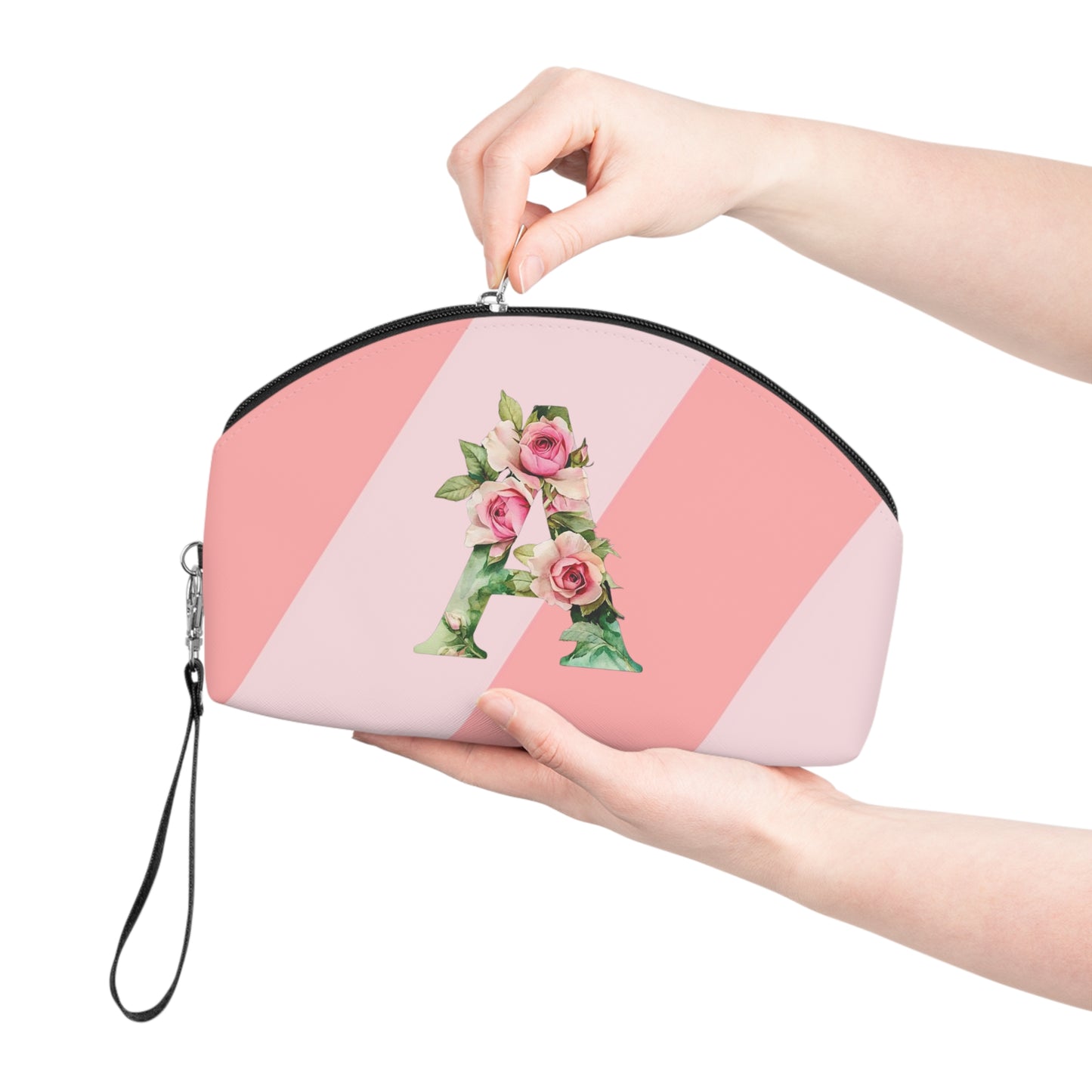 Floral Monogram 'A' Makeup Bag — Pink Striped Cosmetic Pouch