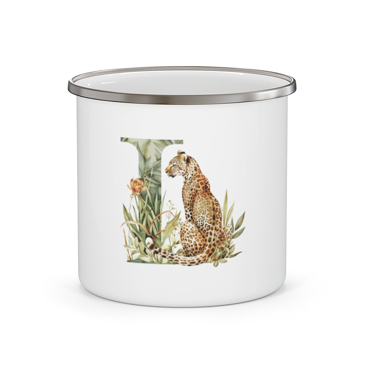 Leopard Initial Enamel Mug – Botanical Letter L Cup