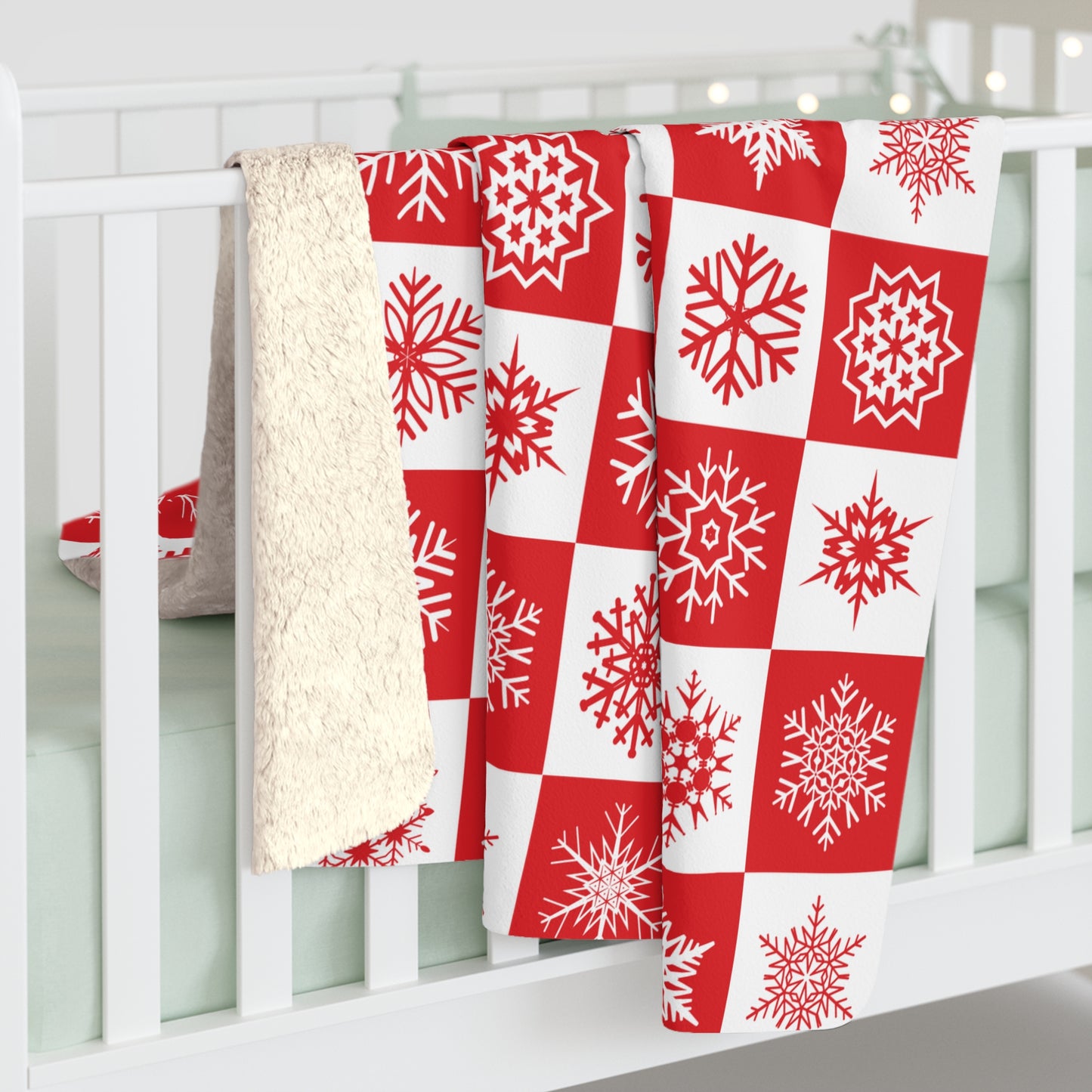 Red Snowflake Checkered Sherpa Blanket — Cozy Holiday Fleece Throw