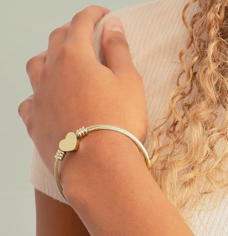 Engravable Heart Cuff Bracelet – Personalized Cable Wire Bangle (Silver or Gold)