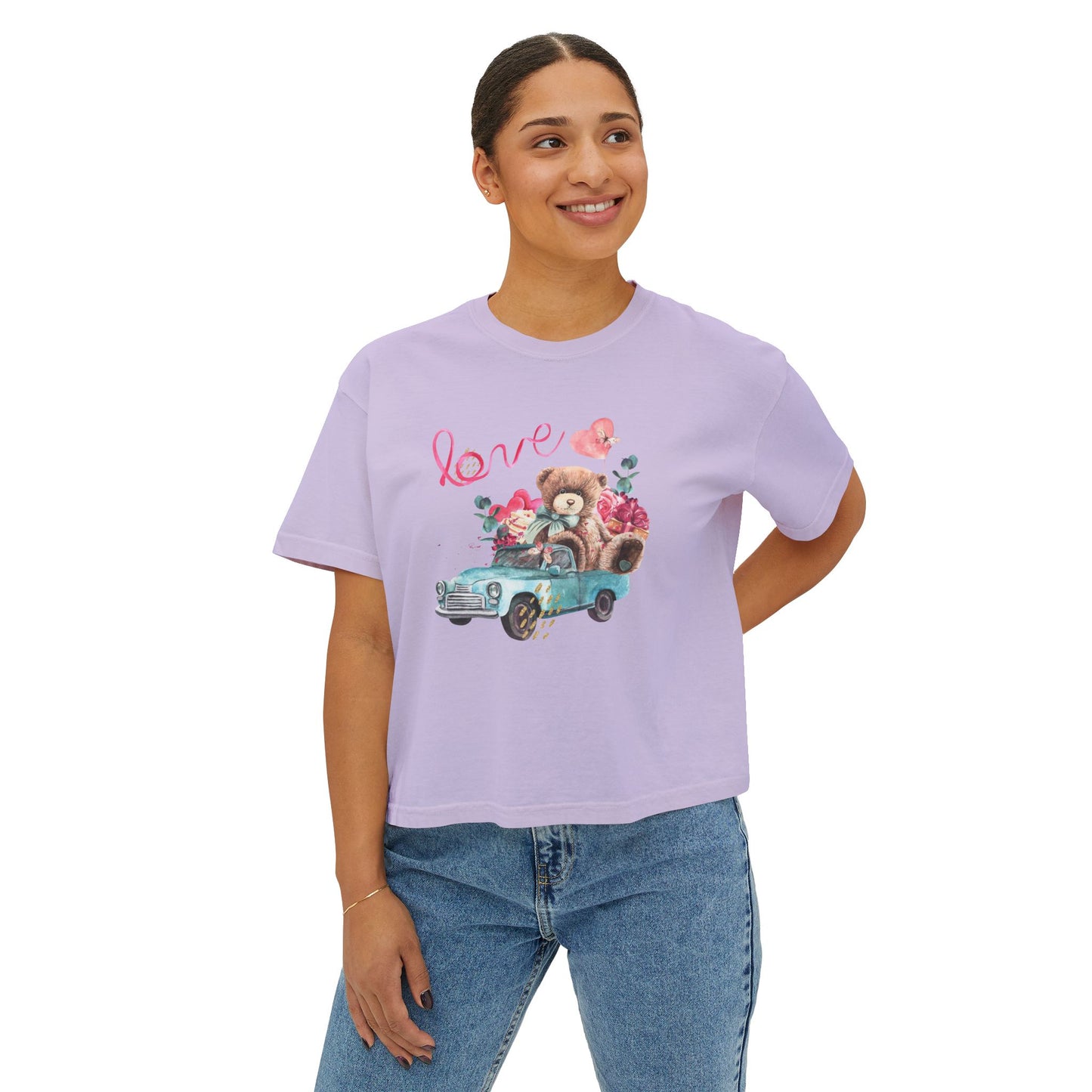 Love Bear Vintage Car Boxy Tee — Cute Valentine's Women's Shirt