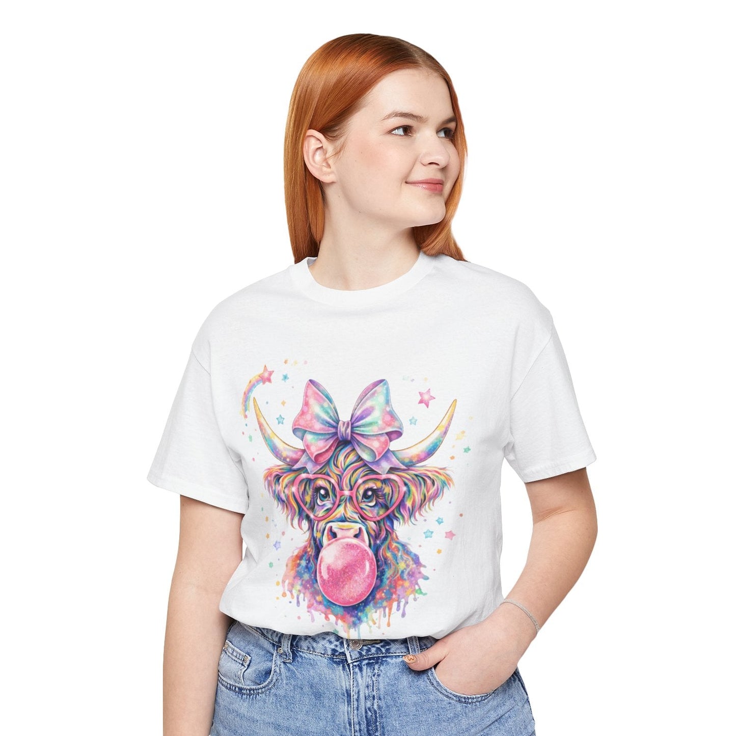 Cute Colorful Cow Tee – Bubblegum Cow with Bow Graphic T-Shirt