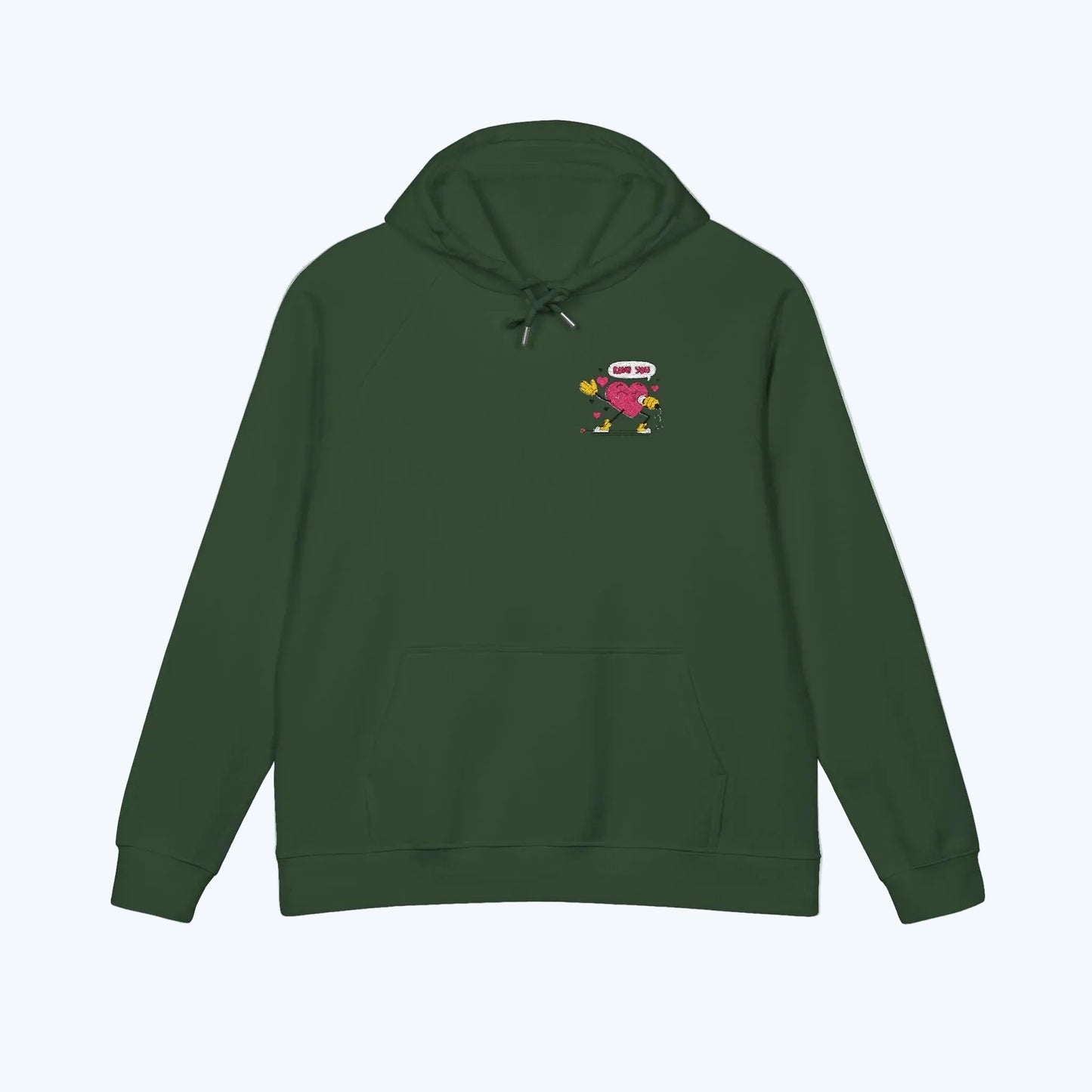 Embroidered Heart & Stars Hoodie — Cute Floral Chest Patch, Eco Raglan Sweatshirt