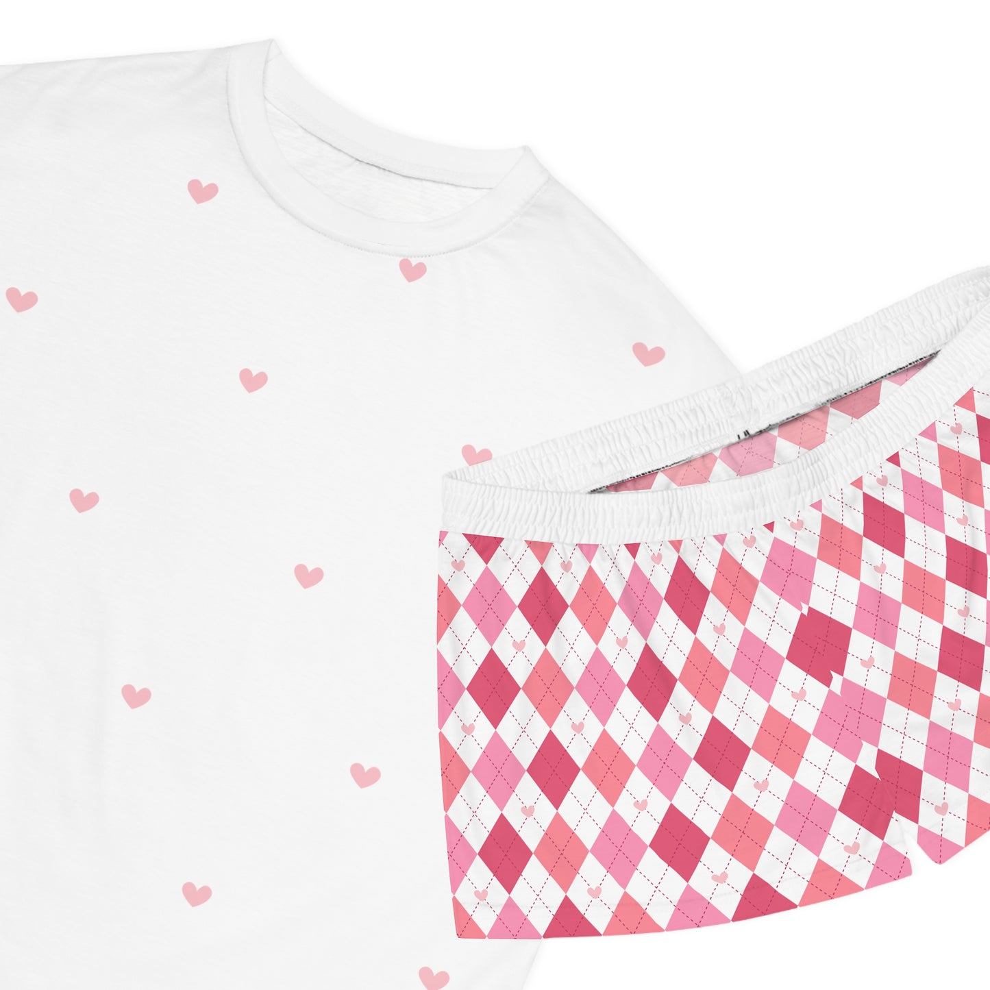 Women's Pink Argyle Heart Short Pajama Set — Cute Sleepwear Shorts & Tee