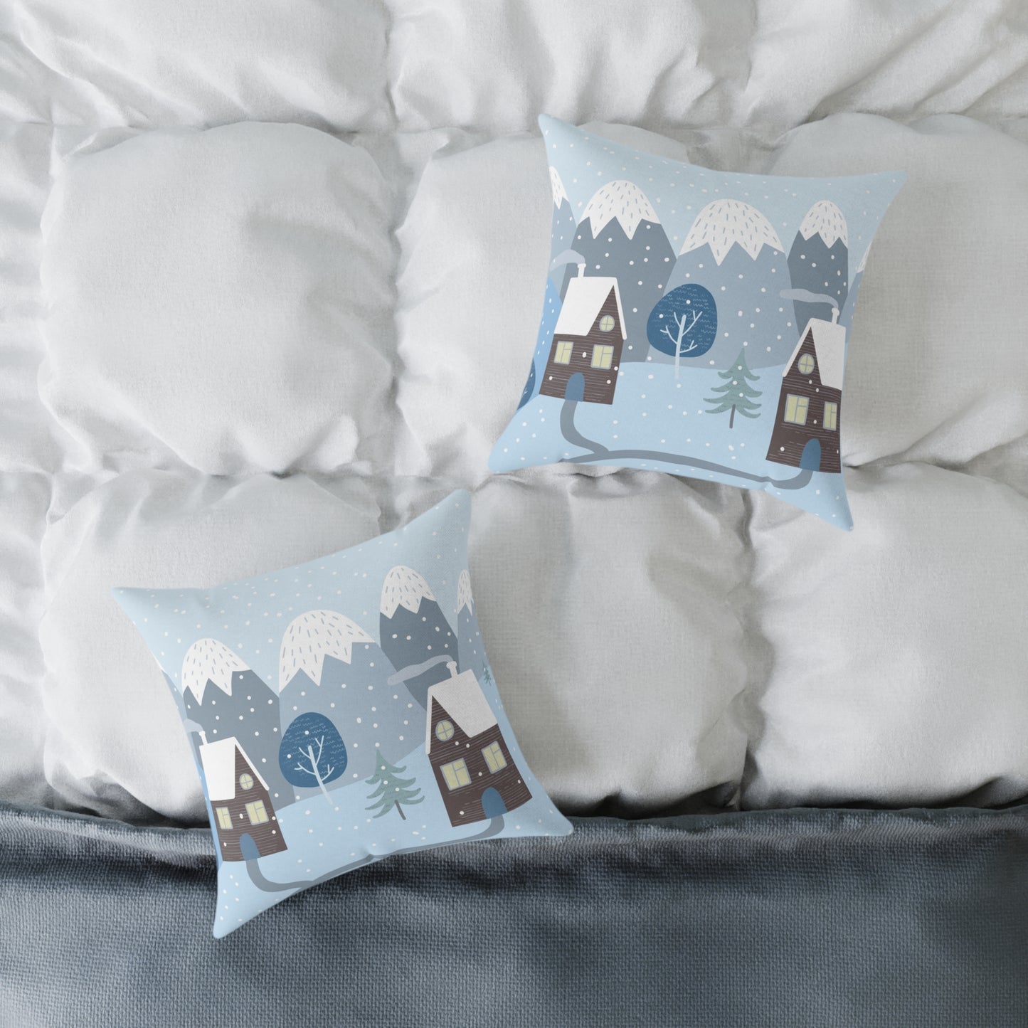 Winter Village Square Throw Pillow — Cozy Snowy Mountain Scene Decorative Cushion