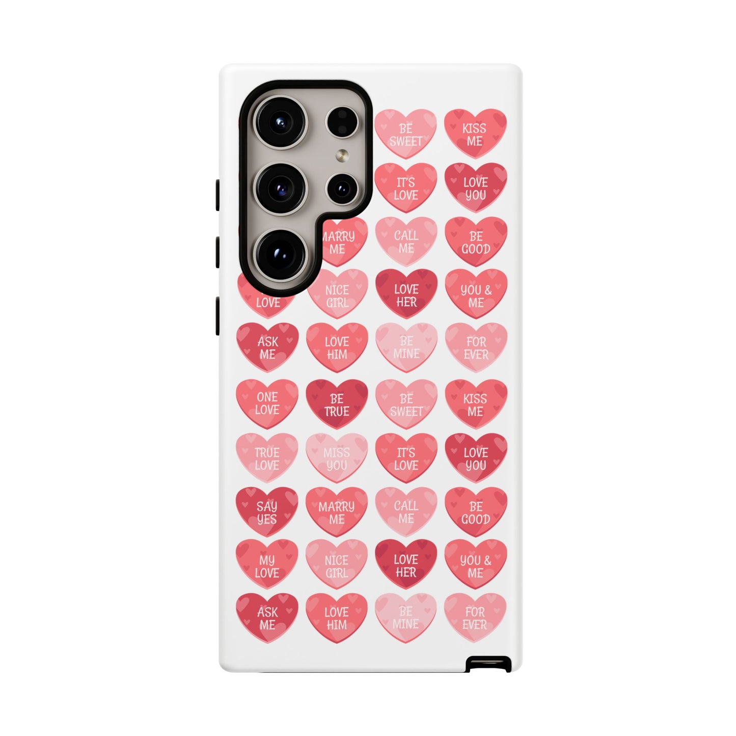 Phone Case — Pink Conversation Heart Pattern, Valentine’s Day Love Messages