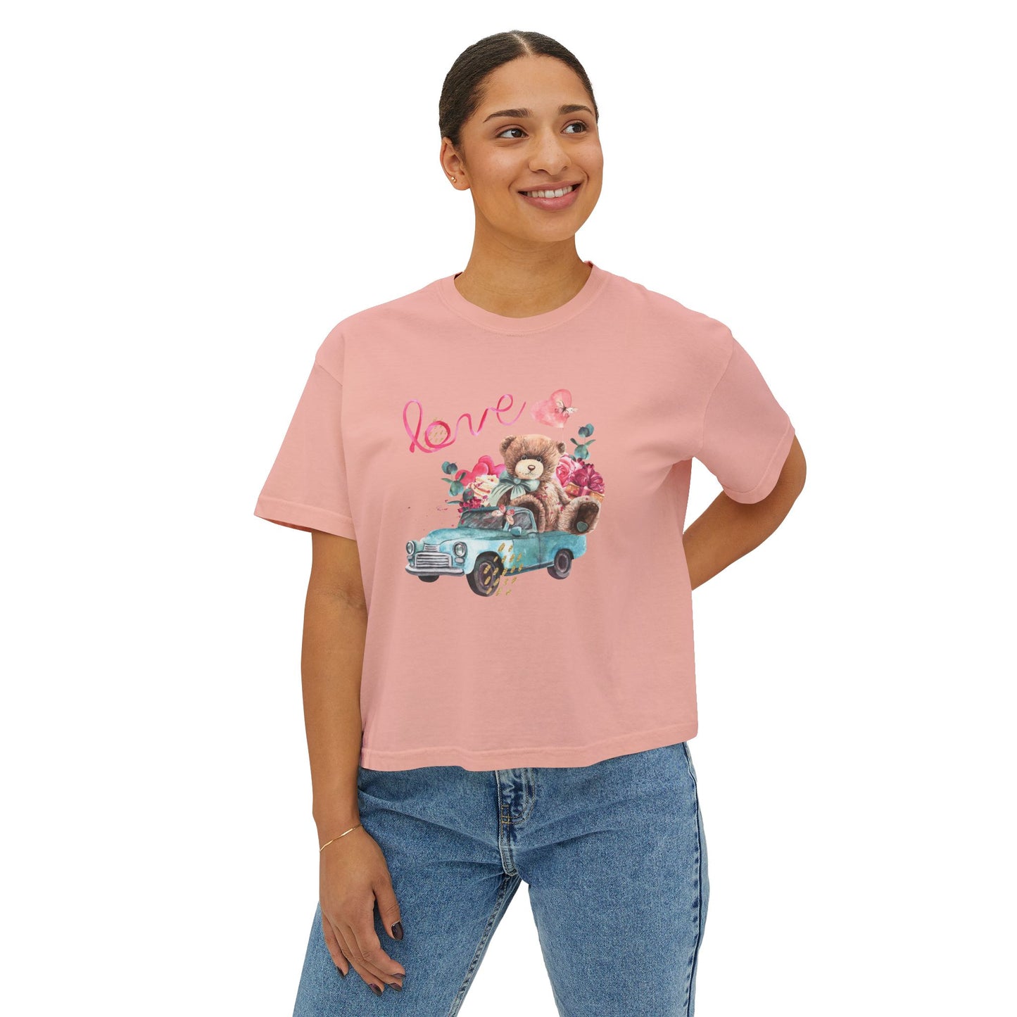 Love Bear Vintage Car Boxy Tee — Cute Valentine's Women's Shirt