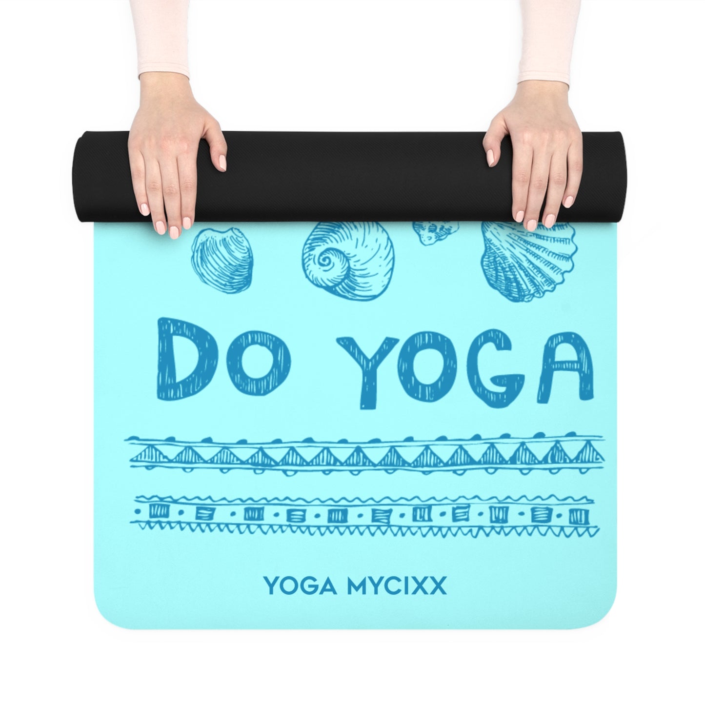 Keep Calm Do Yoga Rubber Yoga Mat — Seafoam Meditation Mat with Shells Design