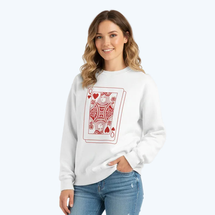 Queen of Hearts Crewneck Sweatshirt — Red Playing Card Graphic