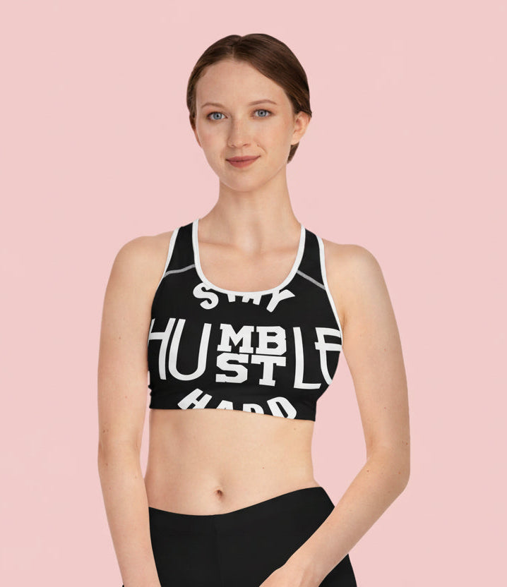 Hustle Hard Sports Bra — Motivational Black Racerback Activewear