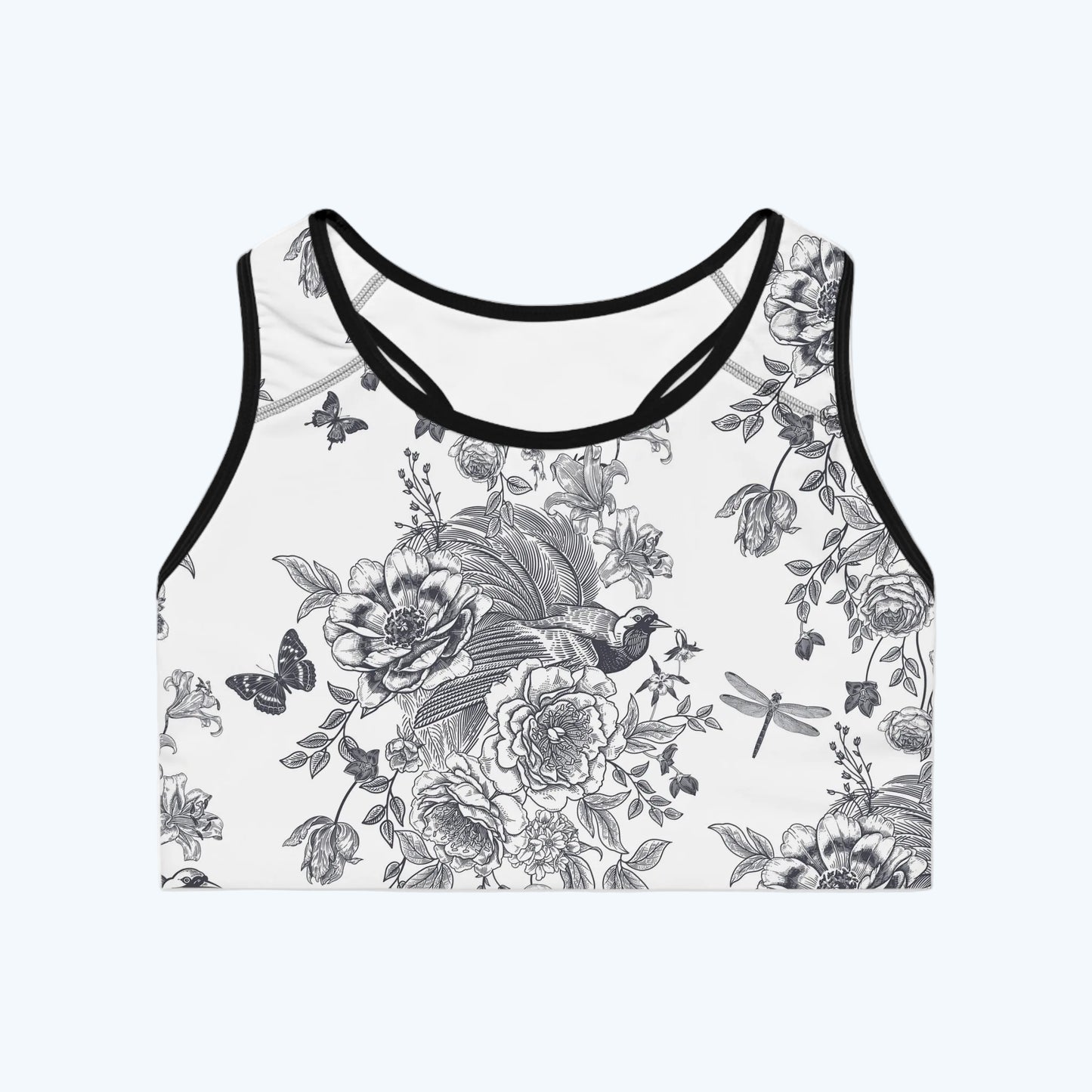 Floral Sketch Sports Bra — Monochrome Botanical Racerback