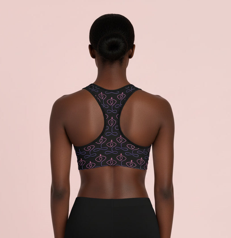 Yoga Pose Pattern Sports Bra — Black & Purple Seamless Activewear