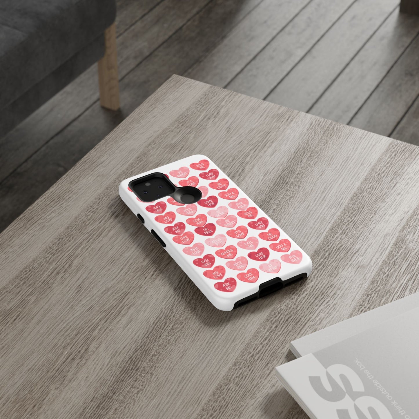Phone Case — Pink Conversation Heart Pattern, Valentine’s Day Love Messages