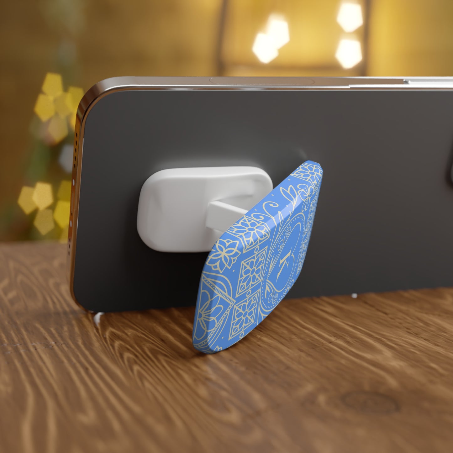 Monogram Heart Phone Grip — Blue Floral Click-On Stand (Letter K)
