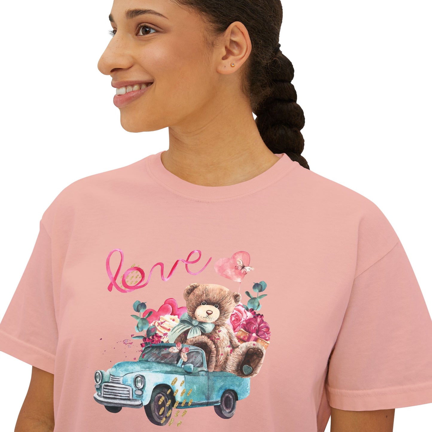 Love Bear Vintage Car Boxy Tee — Cute Valentine's Women's Shirt