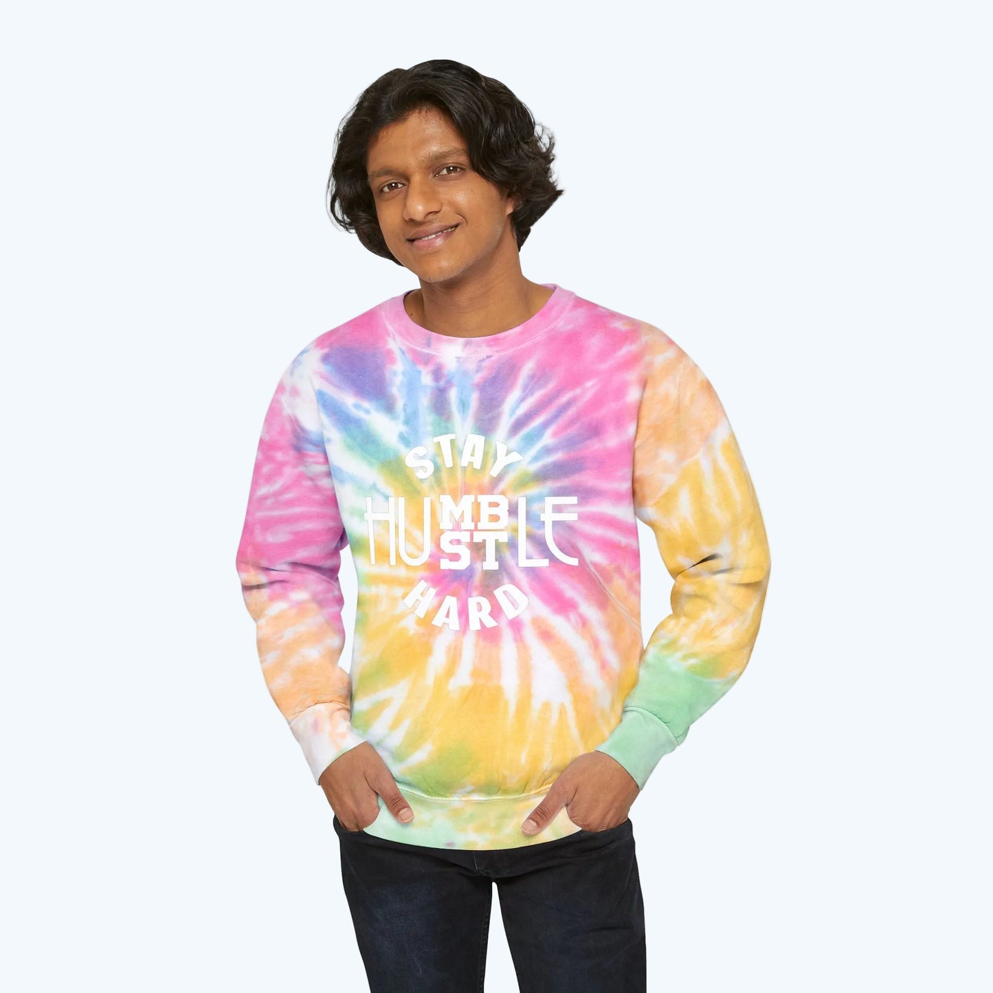 Stay Humble Hustle Hard Tie-Dye Sweatshirt — Light Blue Spiral Crewneck