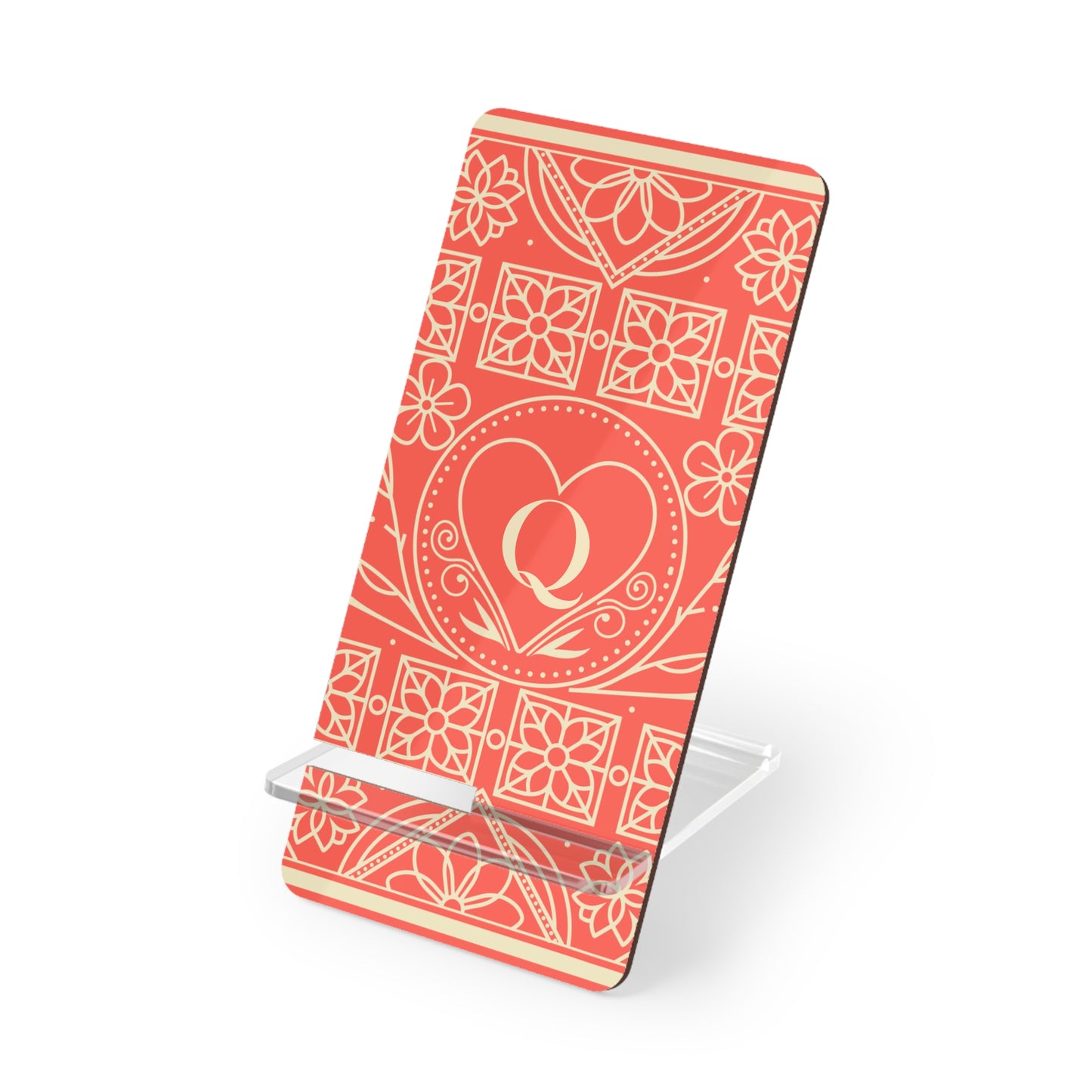 Phone Stand — Coral Heart Monogram Mobile Display Stand