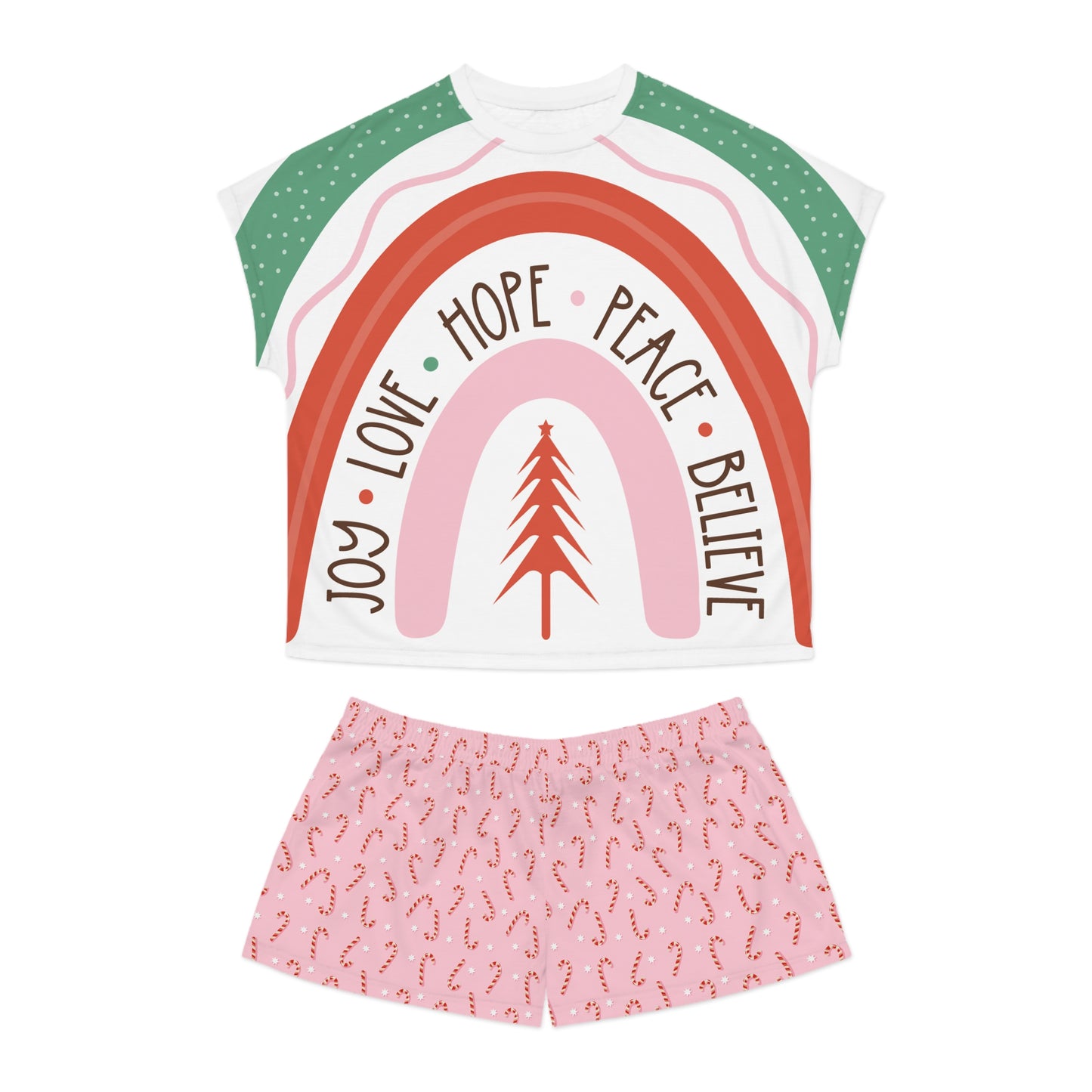 Women's Pajama Set - Holiday Rainbow 'Joy • Love • Hope • Peace • Believe' Short Sleepwear with Candy Cane Shorts