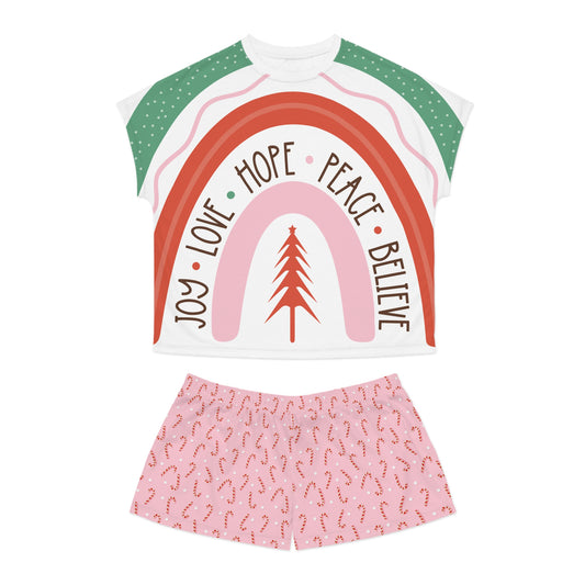 Women's Pajama Set - Holiday Rainbow 'Joy • Love • Hope • Peace • Believe' Short Sleepwear with Candy Cane Shorts