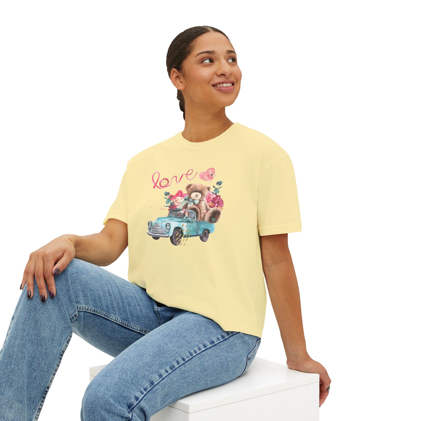 Love Bear Vintage Car Boxy Tee — Cute Valentine's Women's Shirt