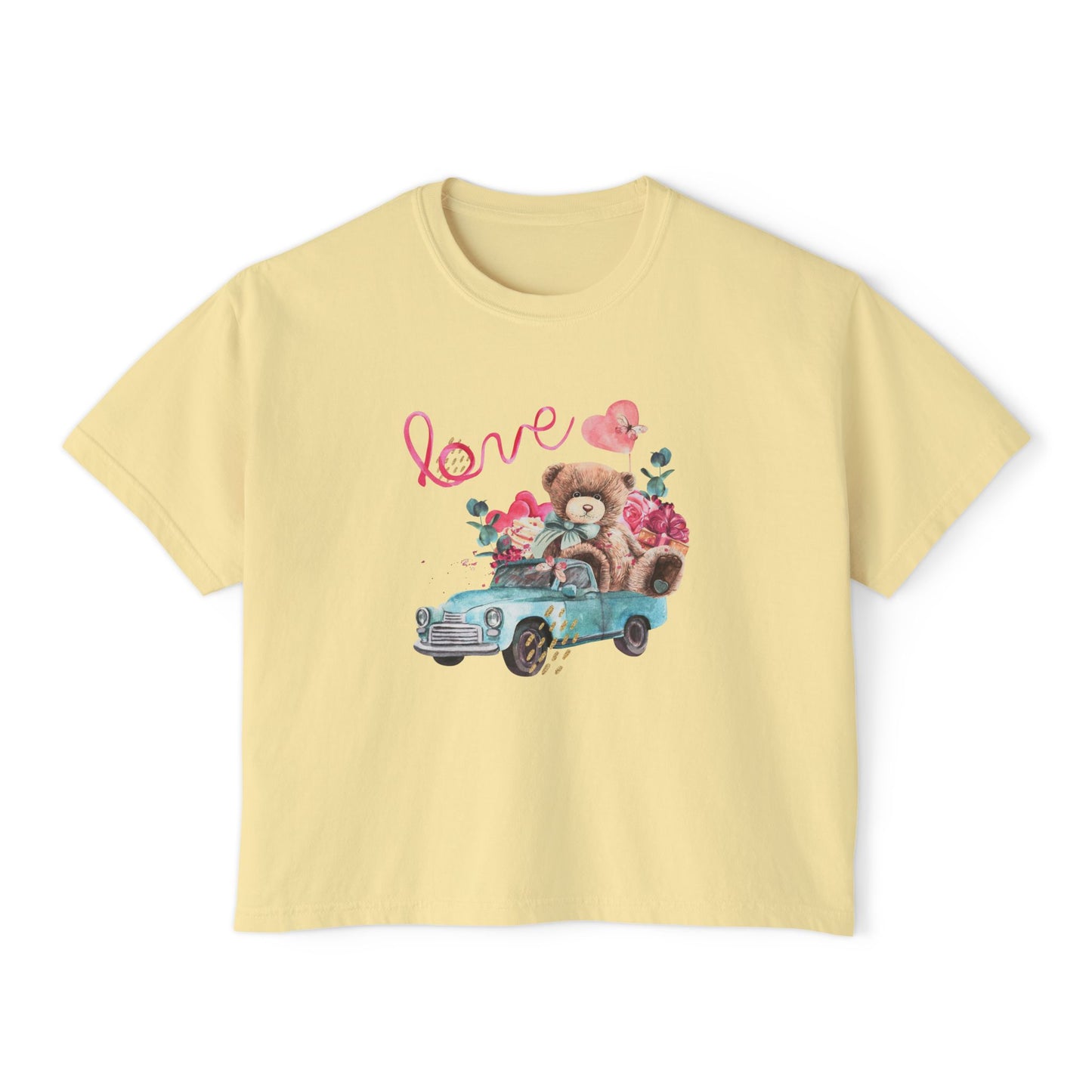 Love Bear Vintage Car Boxy Tee — Cute Valentine's Women's Shirt
