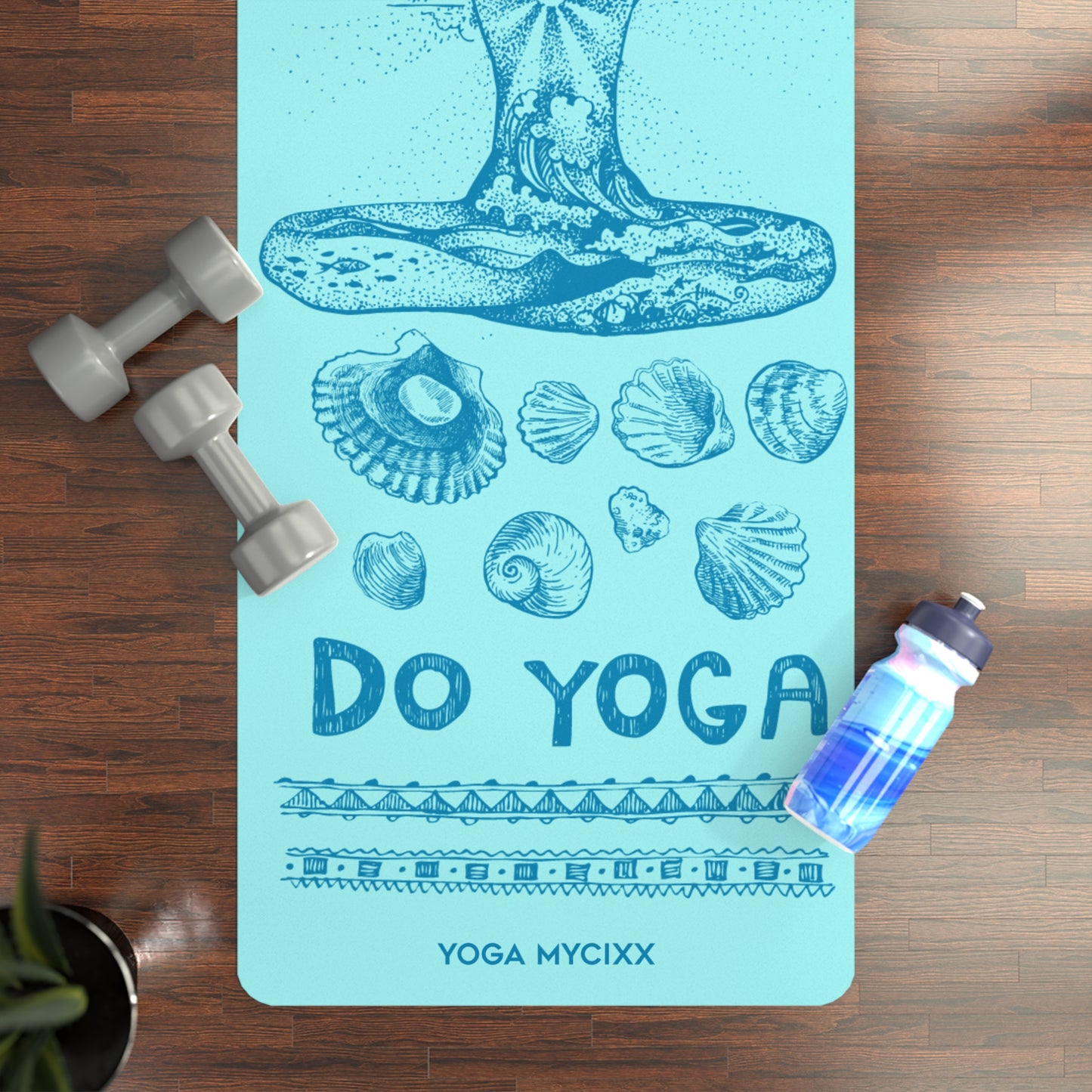 Keep Calm Do Yoga Rubber Yoga Mat — Seafoam Meditation Mat with Shells Design