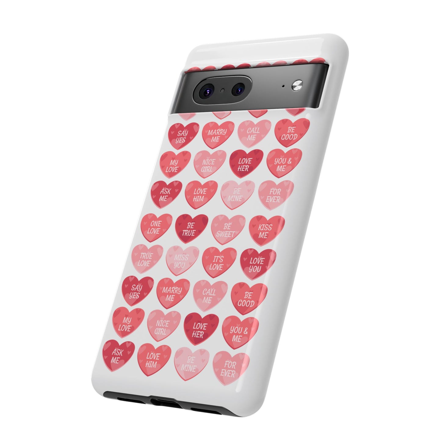 Phone Case — Pink Conversation Heart Pattern, Valentine’s Day Love Messages