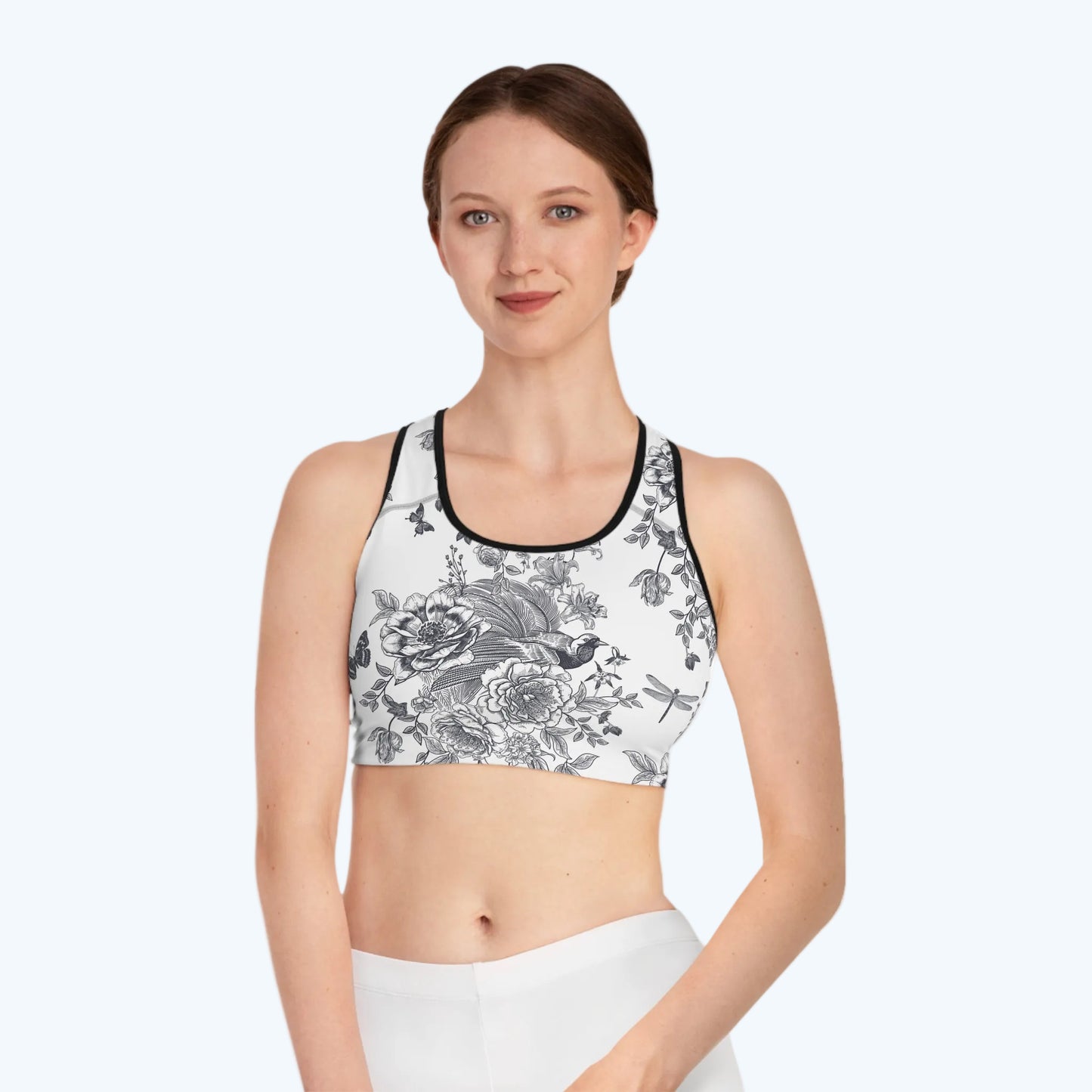 Floral Sketch Sports Bra — Monochrome Botanical Racerback