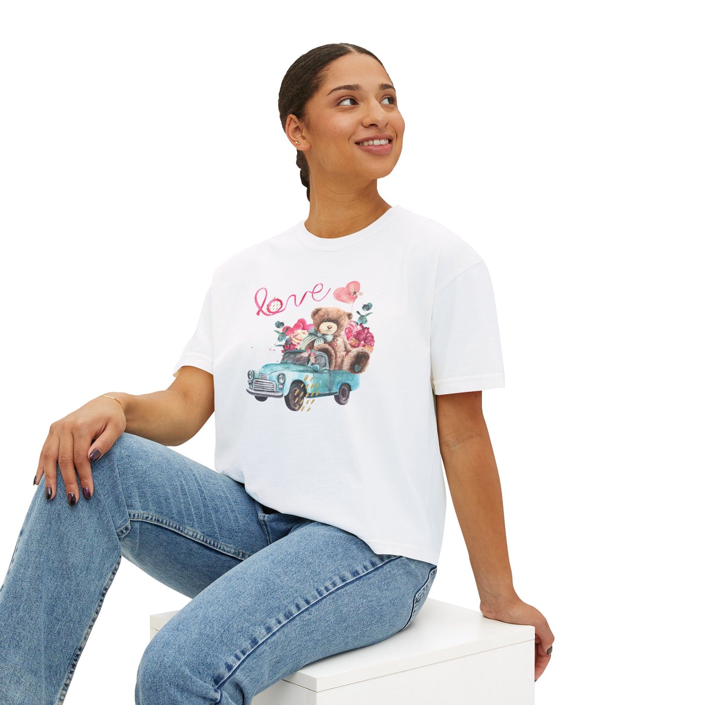 Love Bear Vintage Car Boxy Tee — Cute Valentine's Women's Shirt