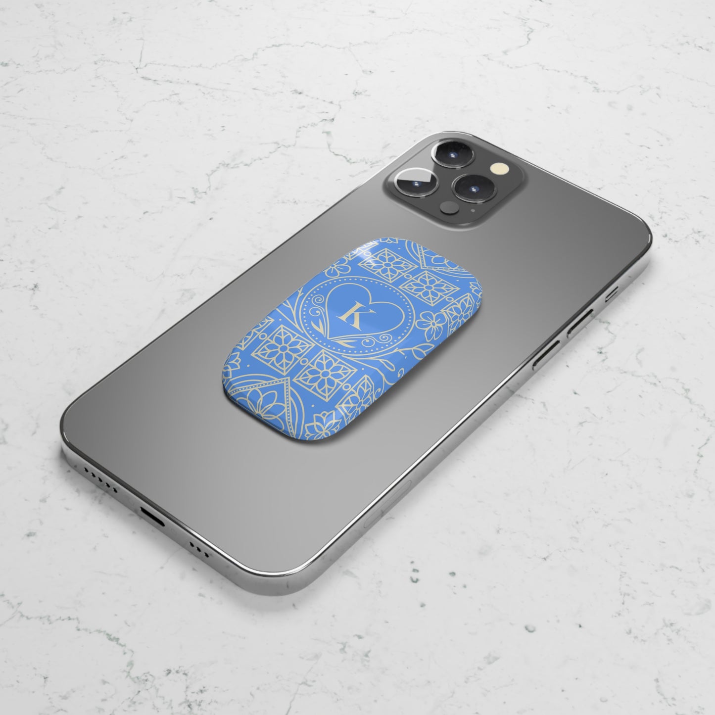 Monogram Heart Phone Grip — Blue Floral Click-On Stand (Letter K)