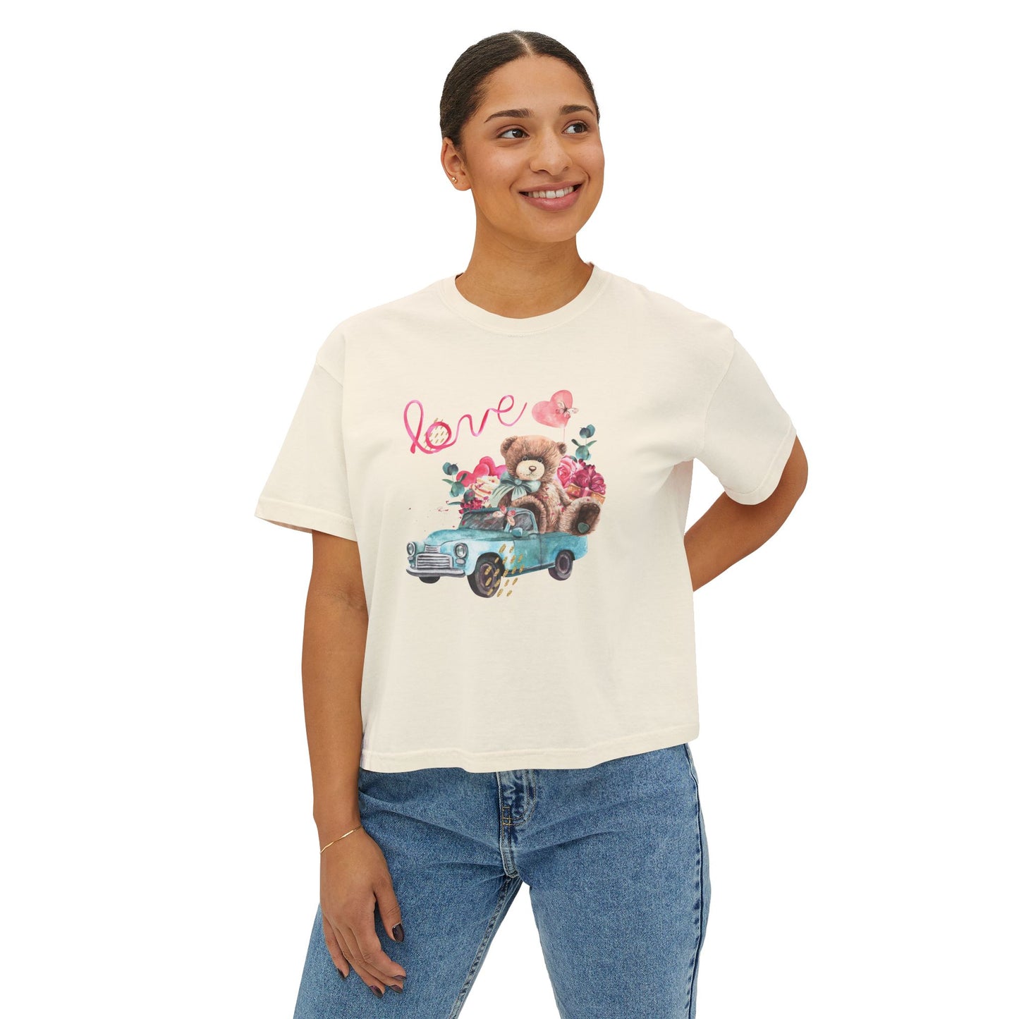 Love Bear Vintage Car Boxy Tee — Cute Valentine's Women's Shirt