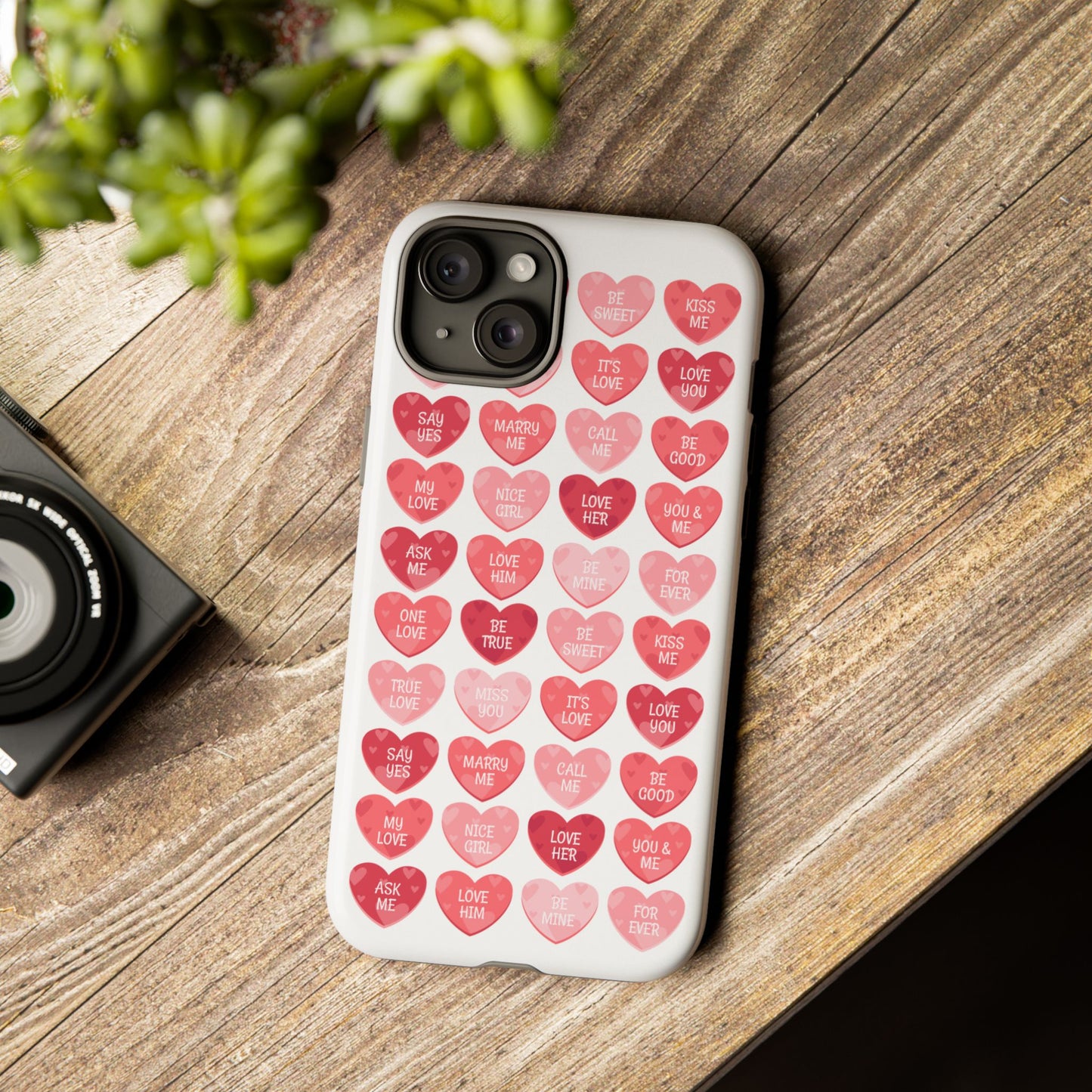 Phone Case — Pink Conversation Heart Pattern, Valentine’s Day Love Messages