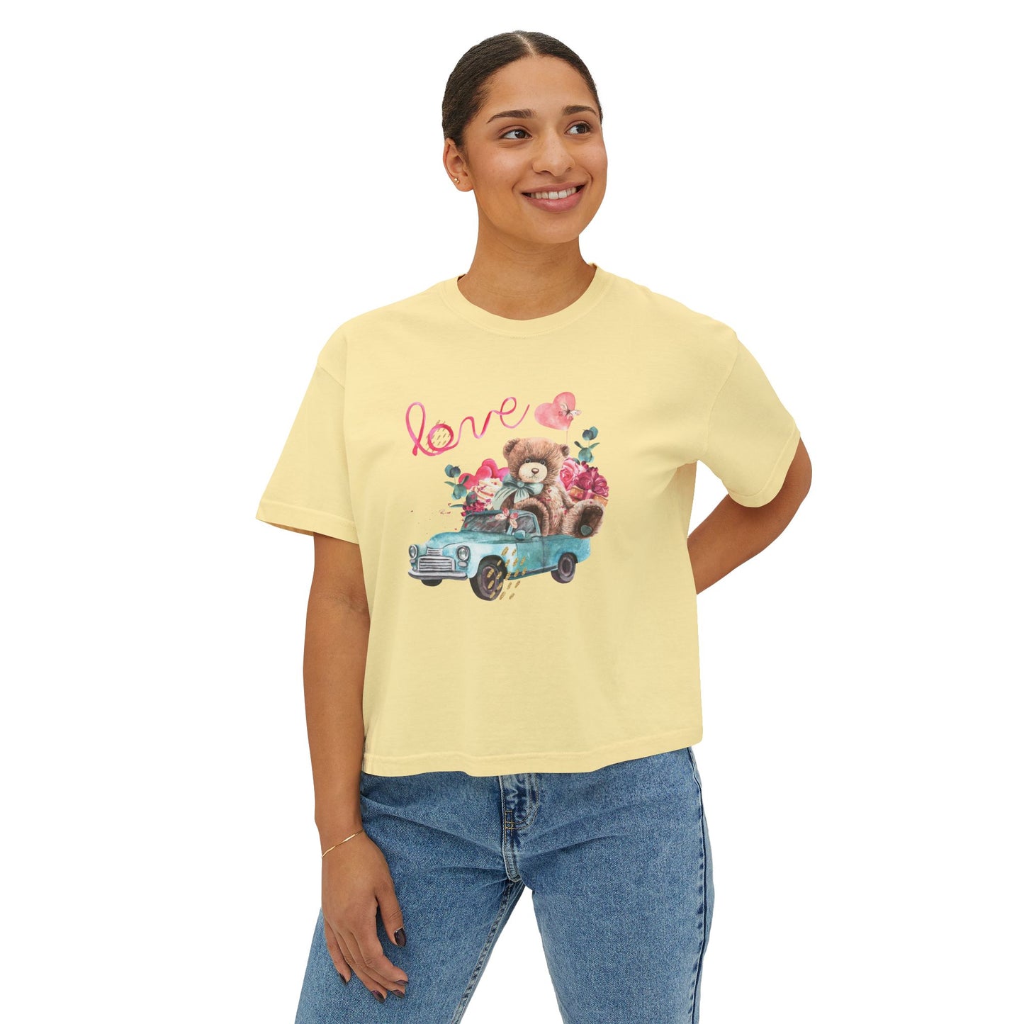 Love Bear Vintage Car Boxy Tee — Cute Valentine's Women's Shirt