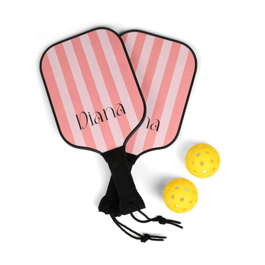 Personalized Pink Stripe Pickleball Paddle Set — Custom Name Pickleball Kit