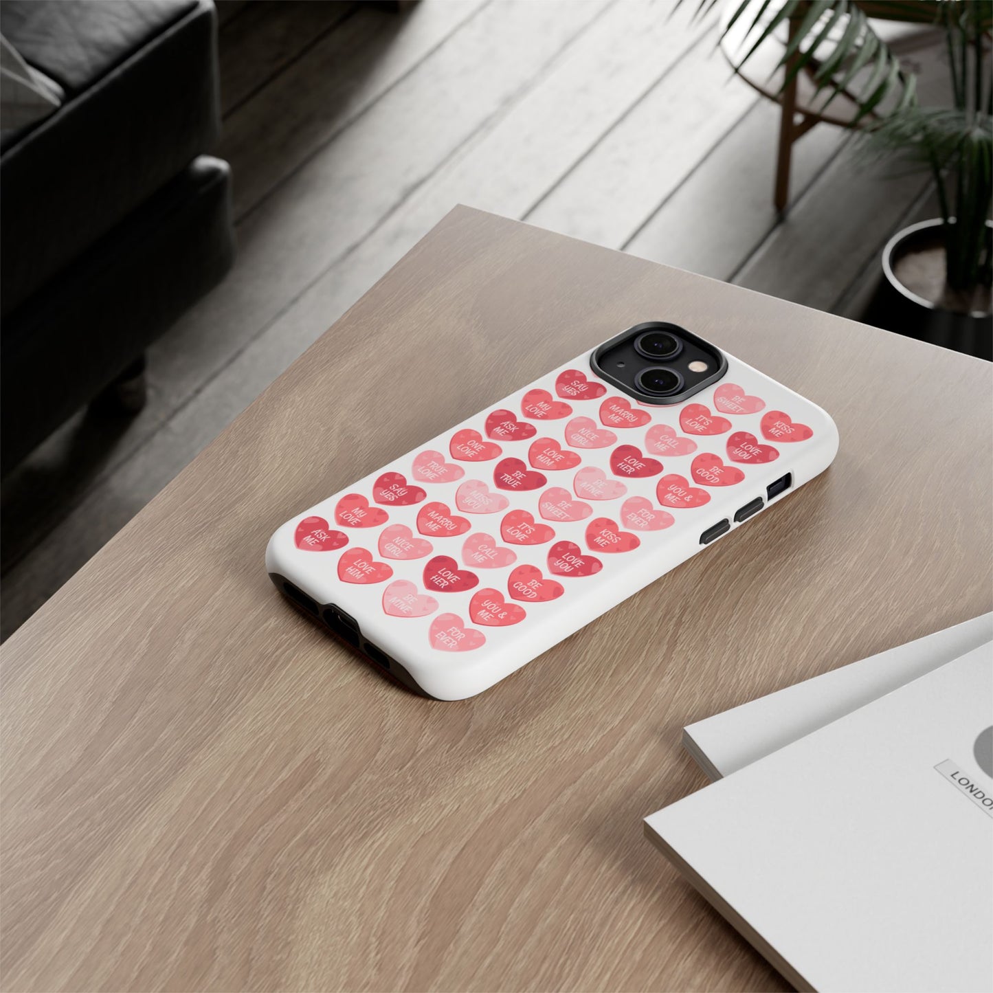 Phone Case — Pink Conversation Heart Pattern, Valentine’s Day Love Messages