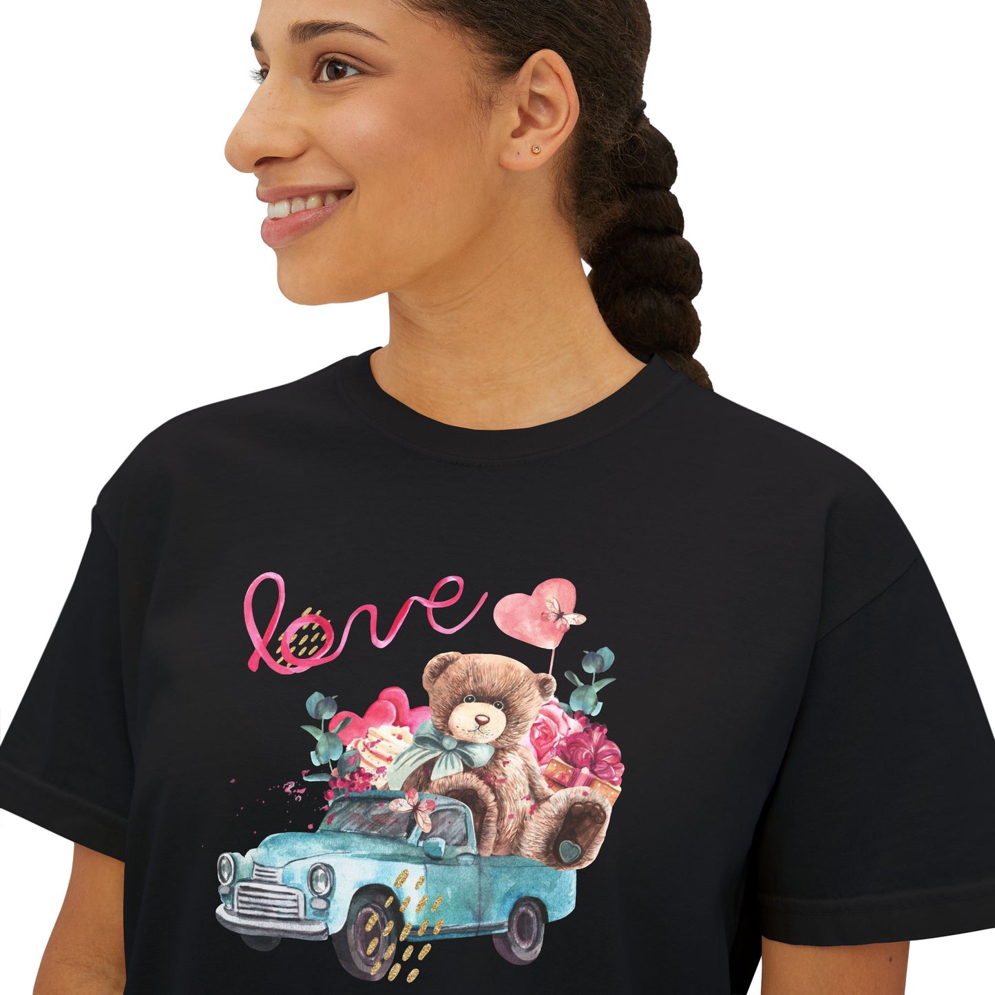 Love Bear Vintage Car Boxy Tee — Cute Valentine's Women's Shirt