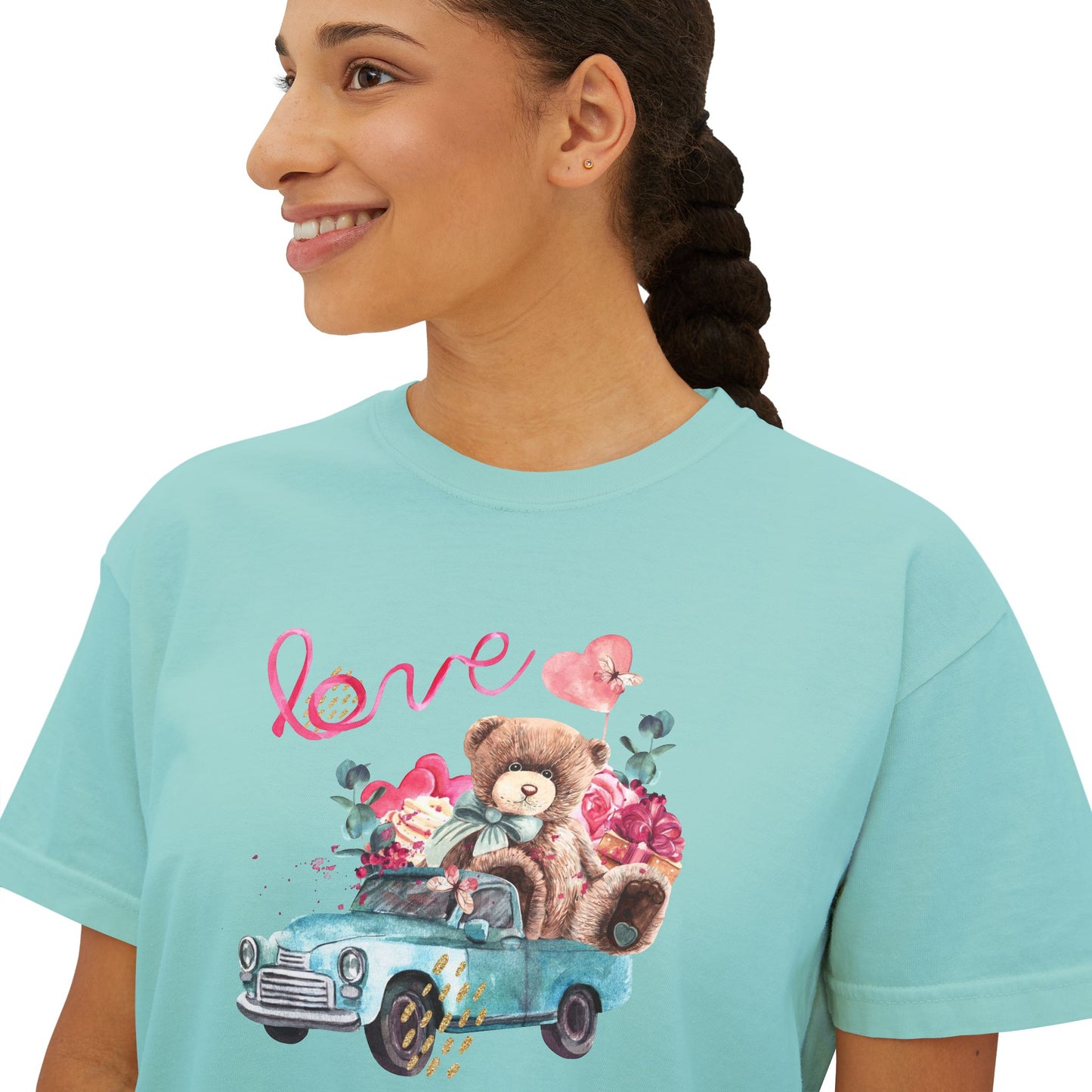 Love Bear Vintage Car Boxy Tee — Cute Valentine's Women's Shirt