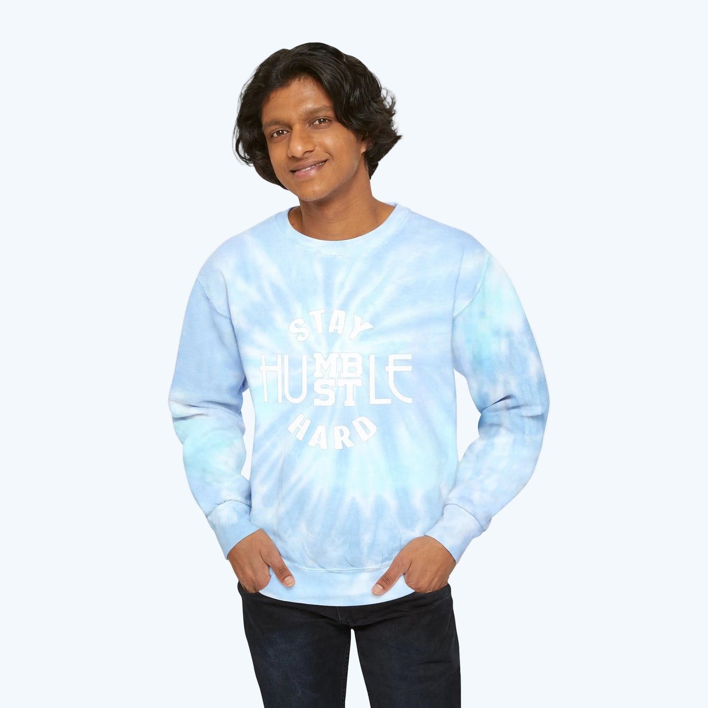 Stay Humble Hustle Hard Tie-Dye Sweatshirt — Light Blue Spiral Crewneck