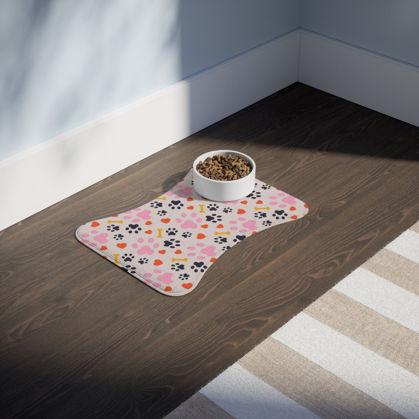 Colorful Pet Feeding Mat with Paw Prints and Bones