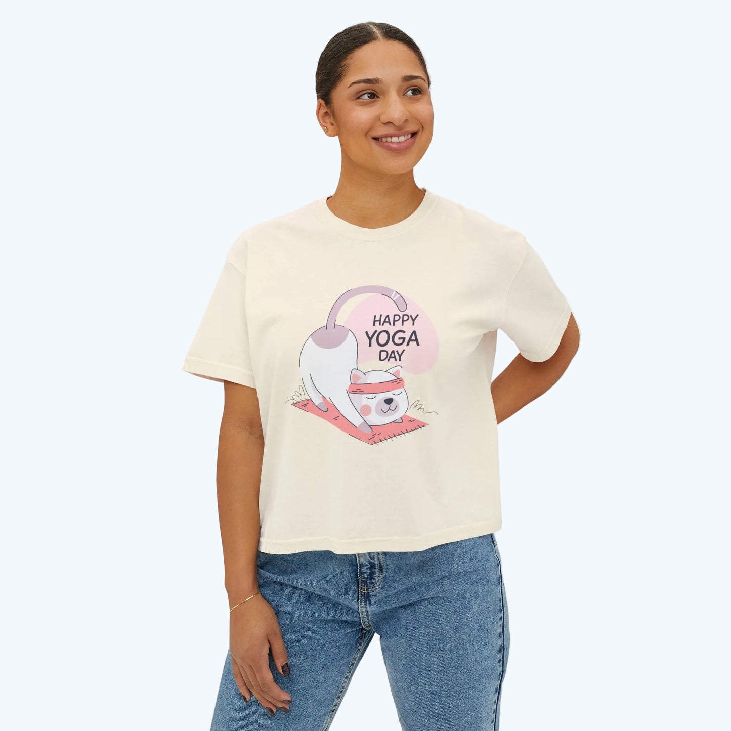 Women's Tee — Cute "Happy Yoga Day" Cat Pose Graphic