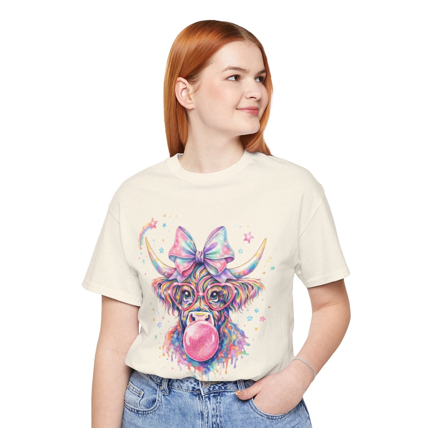 Cute Colorful Cow Tee – Bubblegum Cow with Bow Graphic T-Shirt