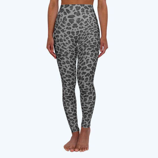 Grey Leopard Print High-Waist Yoga Leggings — All-Over Print Activewear