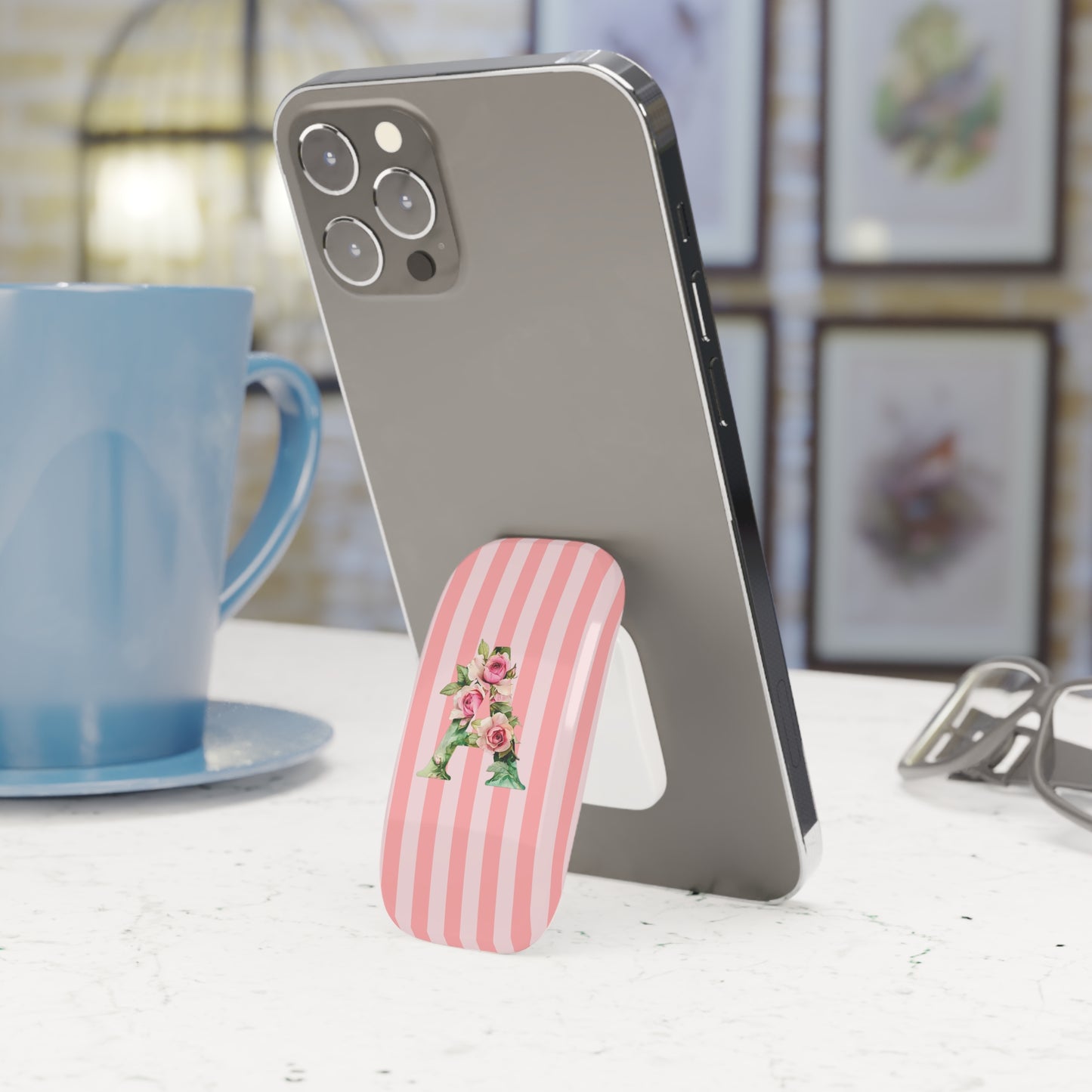 Striped Pink Phone Grip — Click-On Phone Stand & Holder