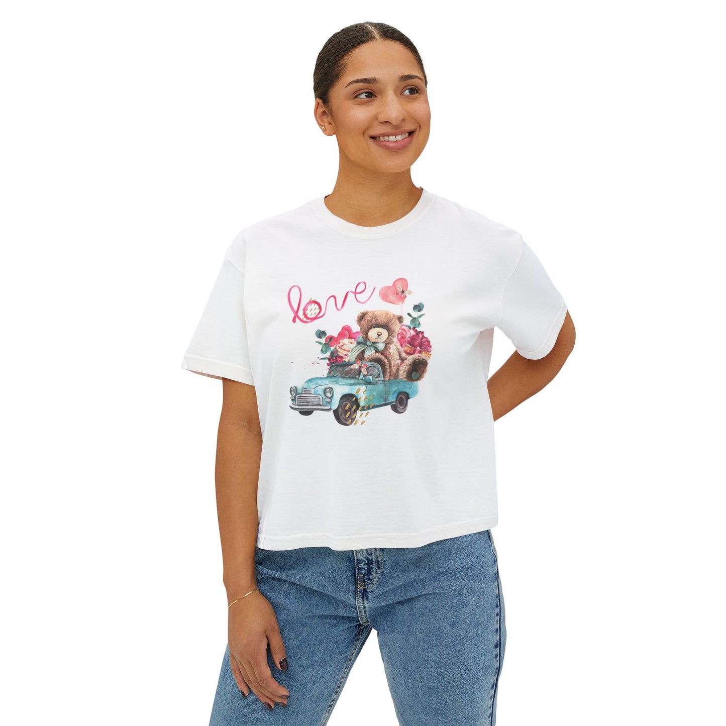 Love Bear Vintage Car Boxy Tee — Cute Valentine's Women's Shirt