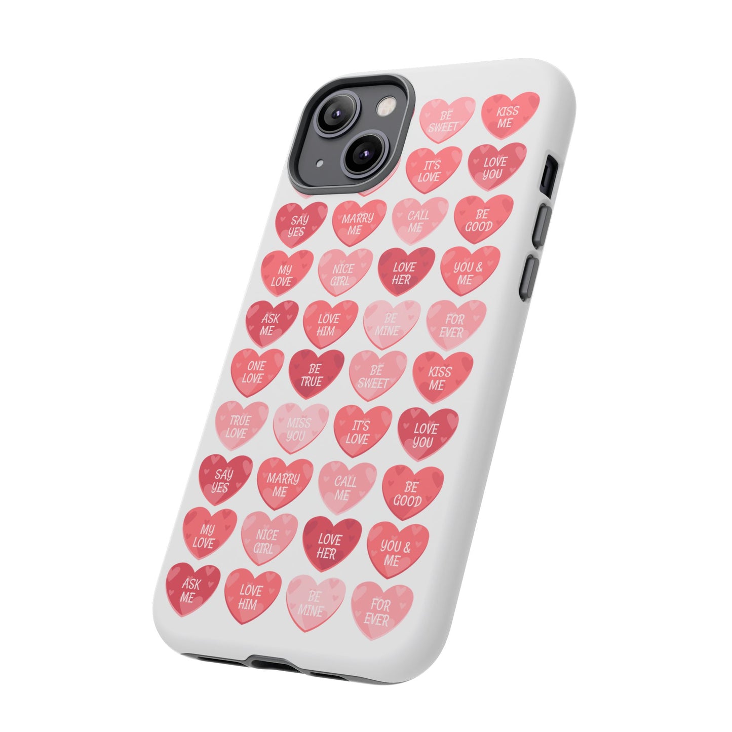 Phone Case — Pink Conversation Heart Pattern, Valentine’s Day Love Messages