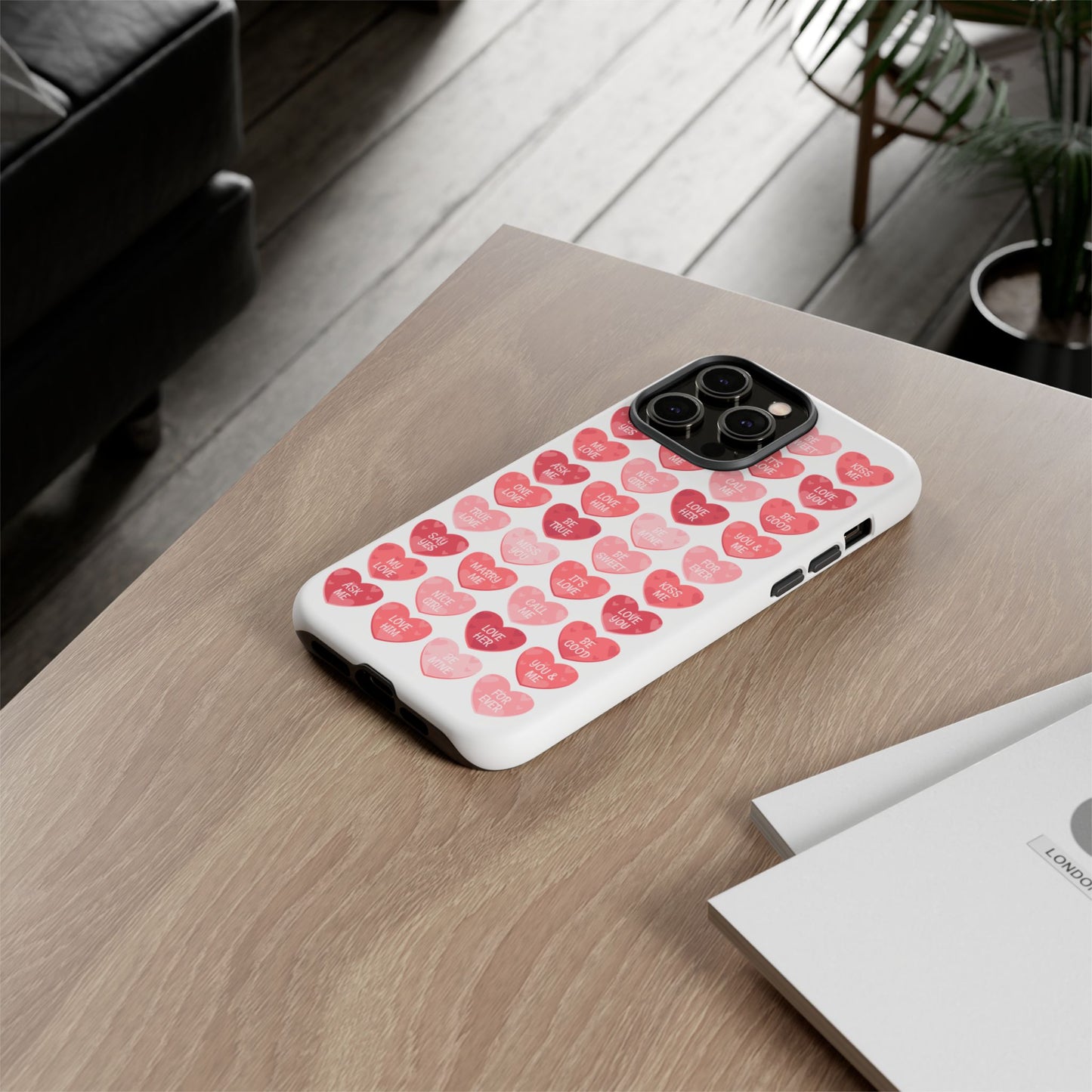 Phone Case — Pink Conversation Heart Pattern, Valentine’s Day Love Messages
