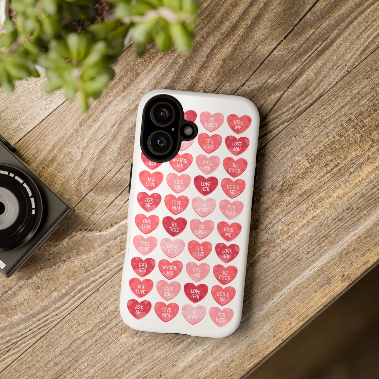 Phone Case — Pink Conversation Heart Pattern, Valentine’s Day Love Messages